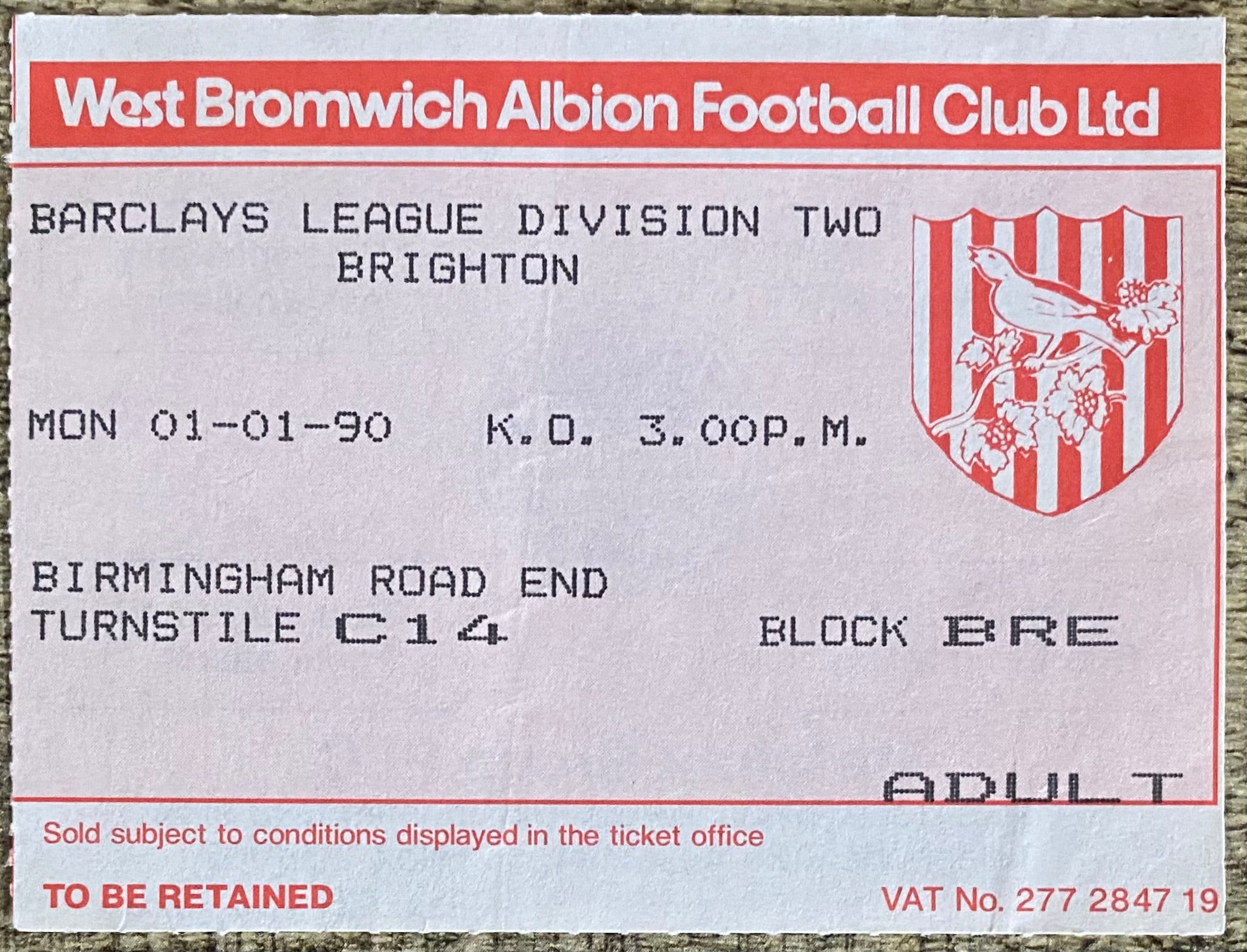 1989/90 ORIGINAL DIVISION 2 TICKET WEST BROMWICH ALBION V BRIGHTON AND HOVE ALBION