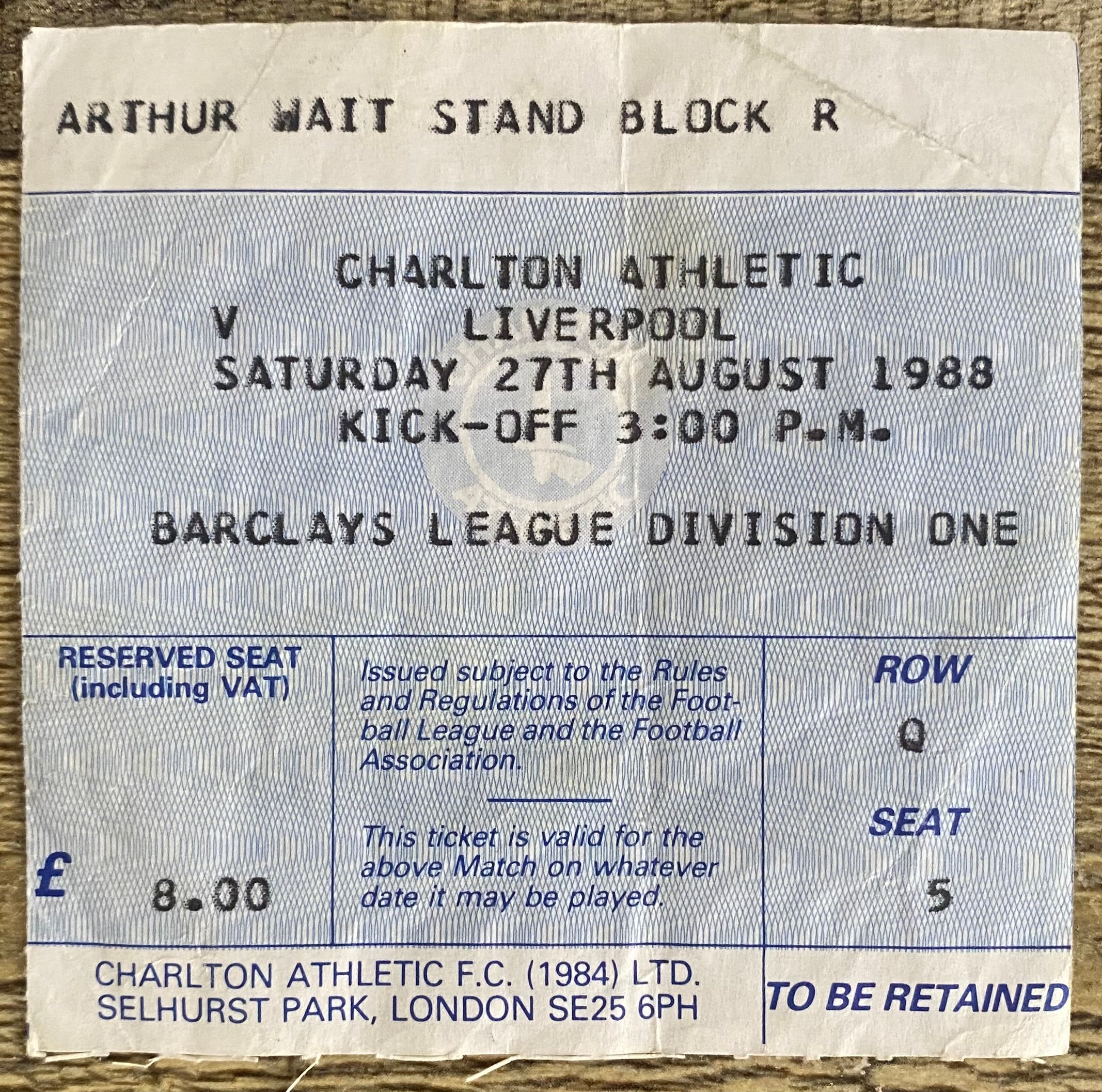 1988/89 ORIGINAL DIVISION ONE TICKET CHARLTON ATHLETIC  V LIVERPOOL