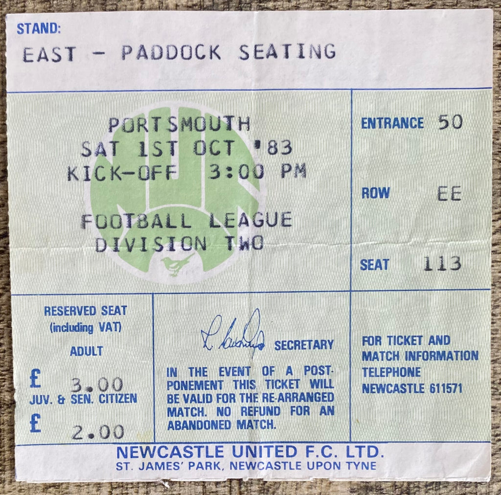 1983/84 ORIGINAL DIVISION 2 TICKET NEWCASTLE UNITED V PORTSMOUTH