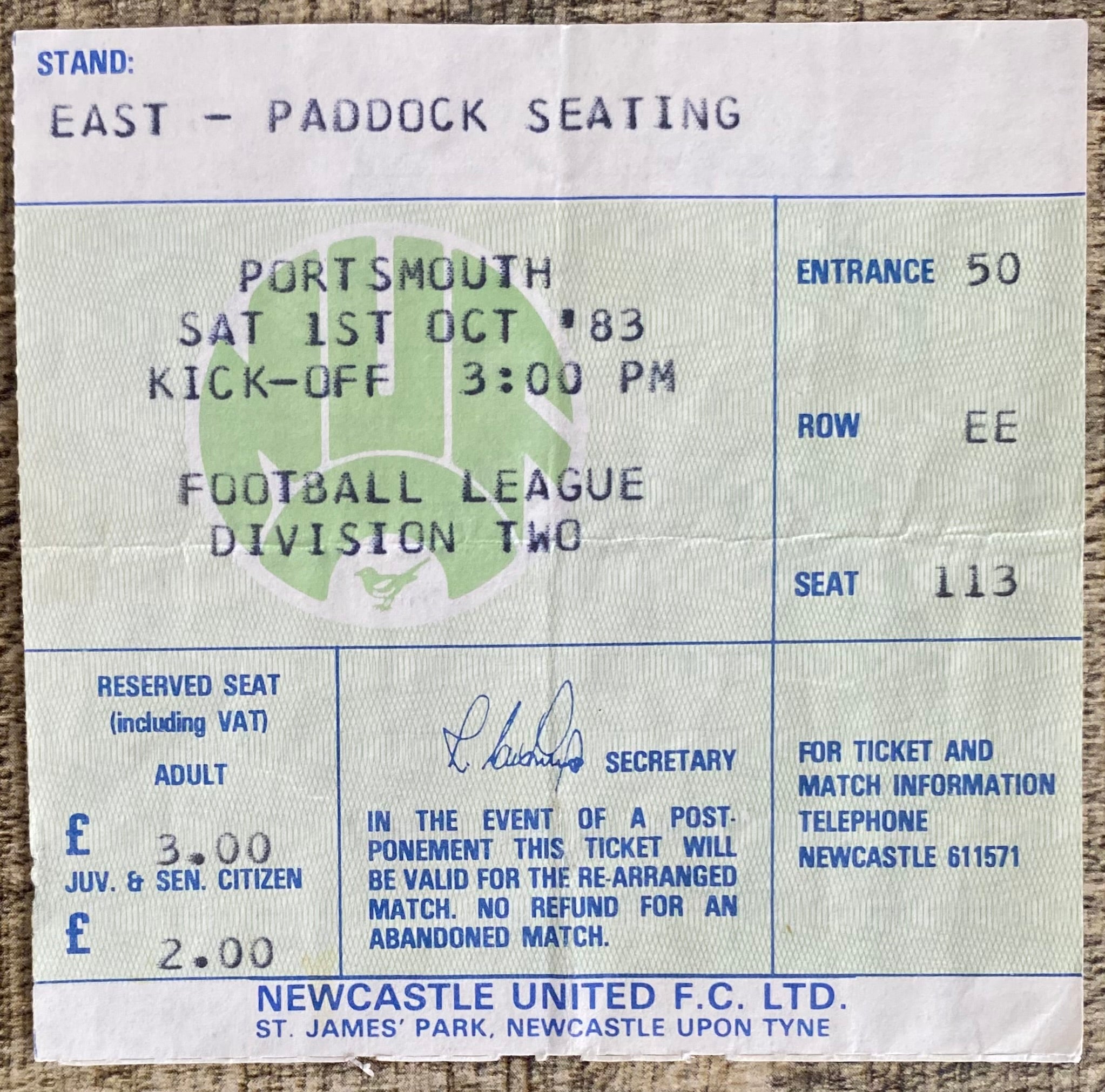 1983/84 ORIGINAL DIVISION 2 TICKET NEWCASTLE UNITED V PORTSMOUTH