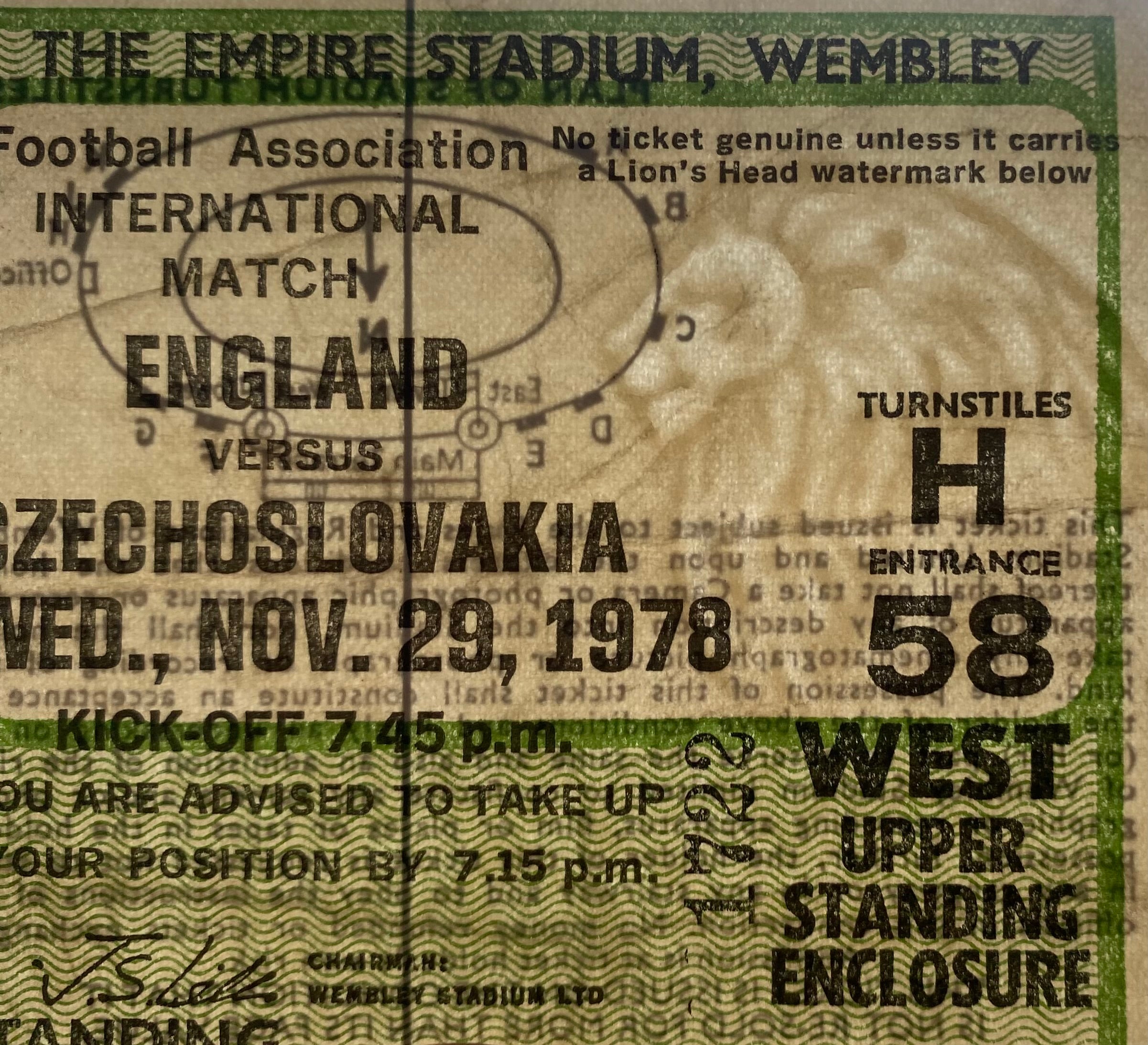 1978 ORIGINAL INTERNATIONAL TICKET ENGLAND V CZECHOSLOVAKIA