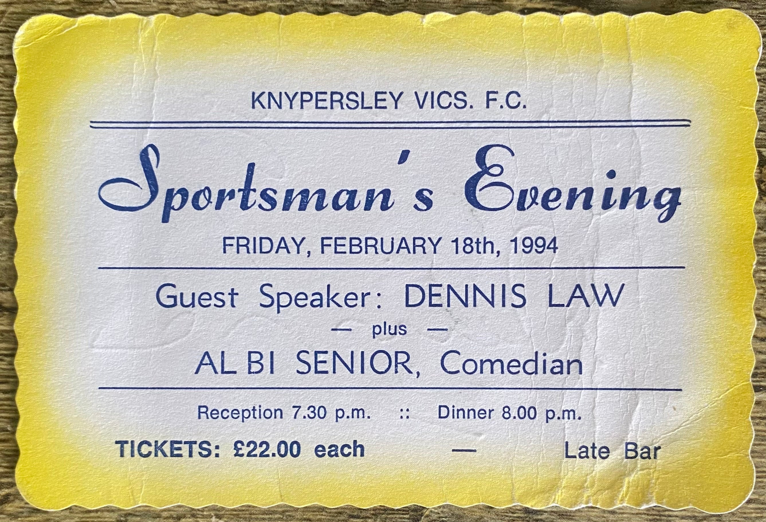 1994 SPORTSMAN DINNER CARD SIGNED BY DENNIS LAW
