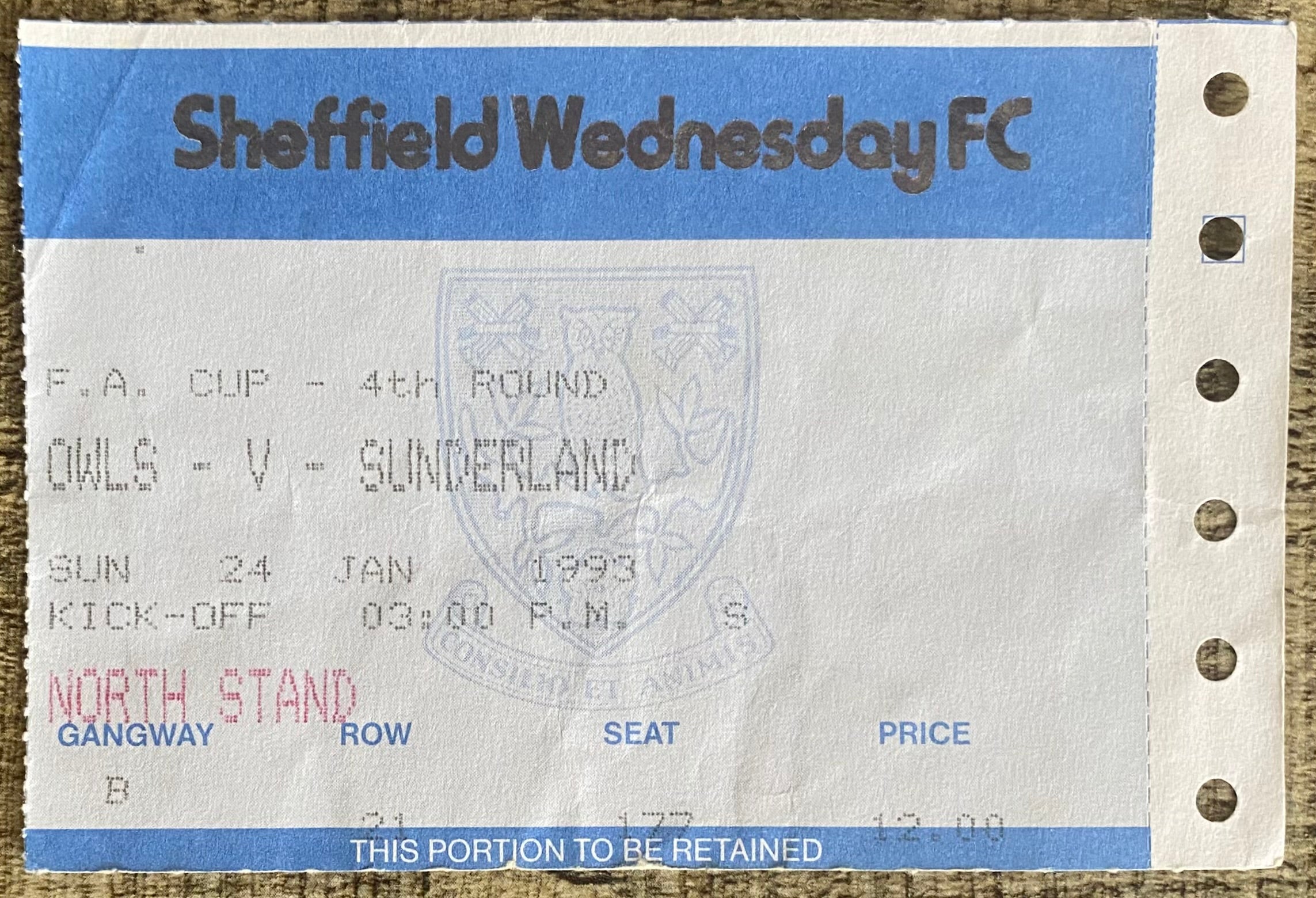 1992/93 ORIGINAL FA CUP 4TH ROUND TICKET SHEFFIELD WEDNESDAY V SUNDERLAND