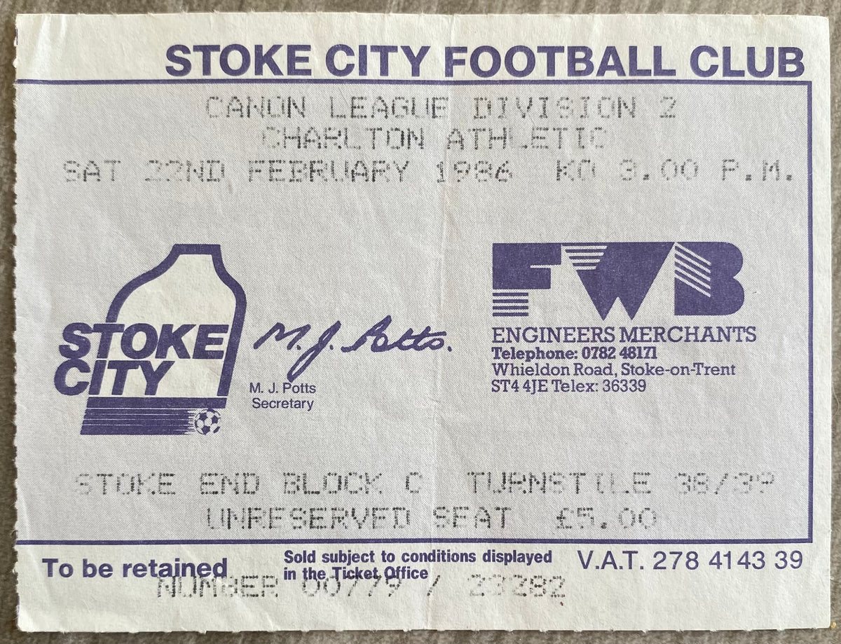 1985/86 ORIGINAL DIVISION TWO TICKET STOKE CITY V CHARLTON ATHLETIC