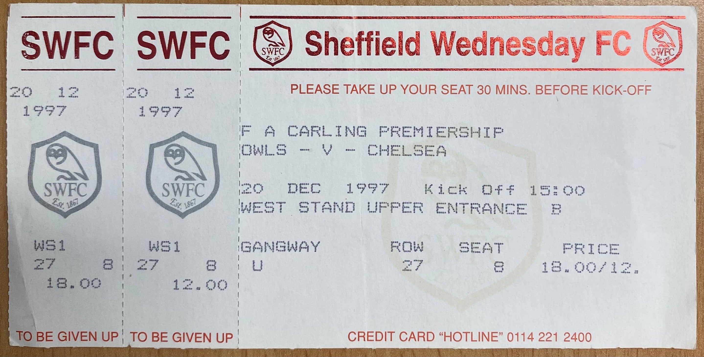 1997/98 ORIGINAL FA PREMIERSHIP UNUSED TICKET SHEFFIELD WEDNESDAY V CHELSEA