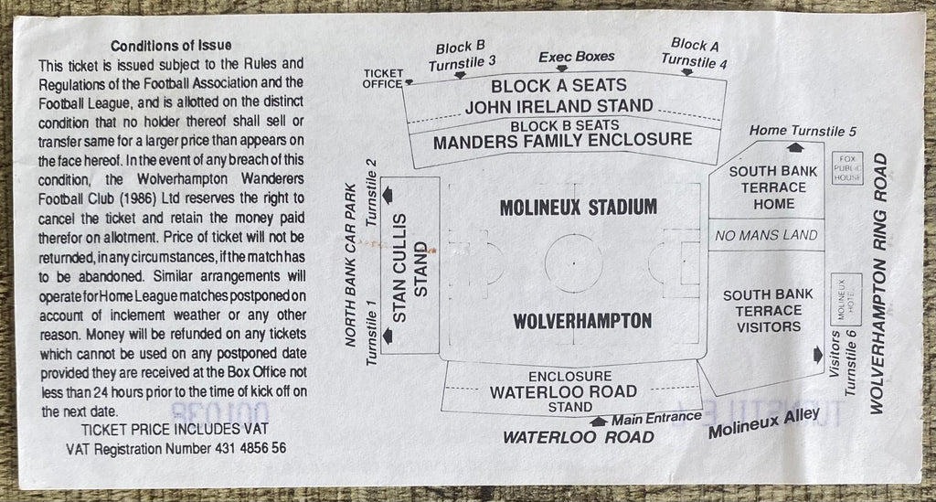 1992/93 ORIGINAL DIVISION 1 TICKET WOLVERHAMPTON WANDERERS V SUNDERLAND