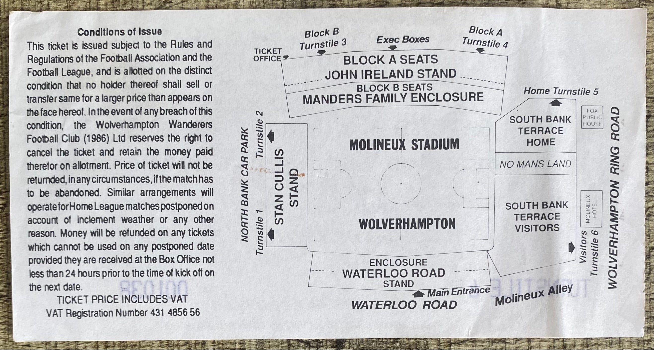 1992/93 ORIGINAL DIVISION 1 TICKET WOLVERHAMPTON WANDERERS V SUNDERLAND