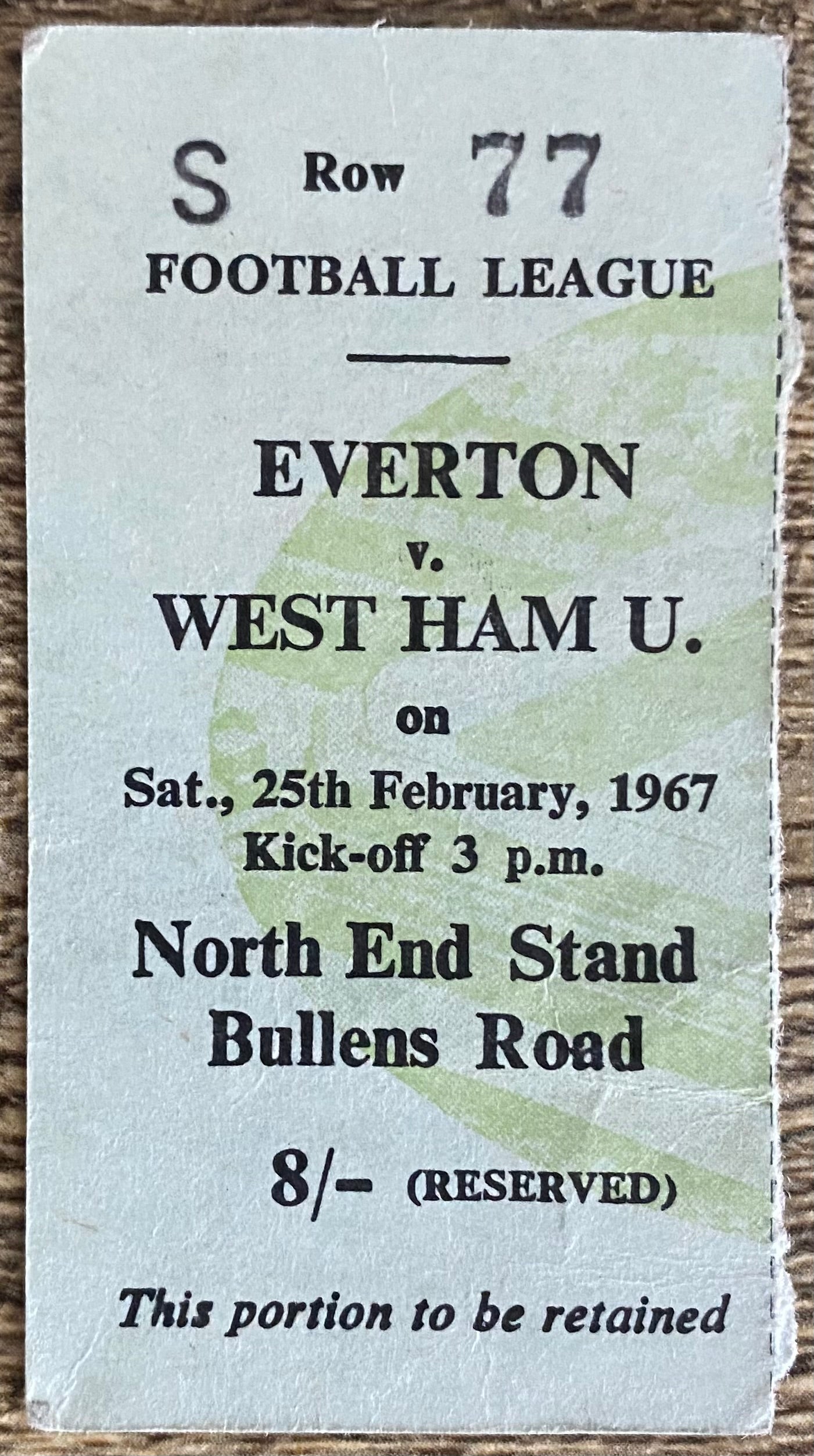 1966/67 ORIGINAL DIVISION ONE TICKET EVERTON V WEST HAM UNITED