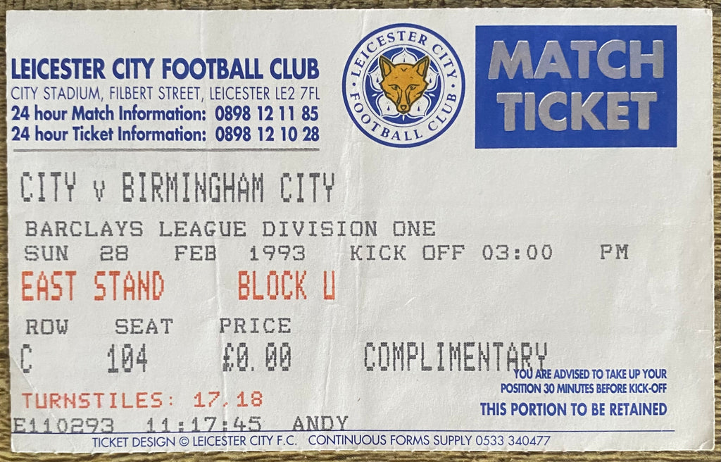 1992/93 ORIGINAL DIVISION 1 TICKET LEICESTER CITY V BIRMINGHAM CITY