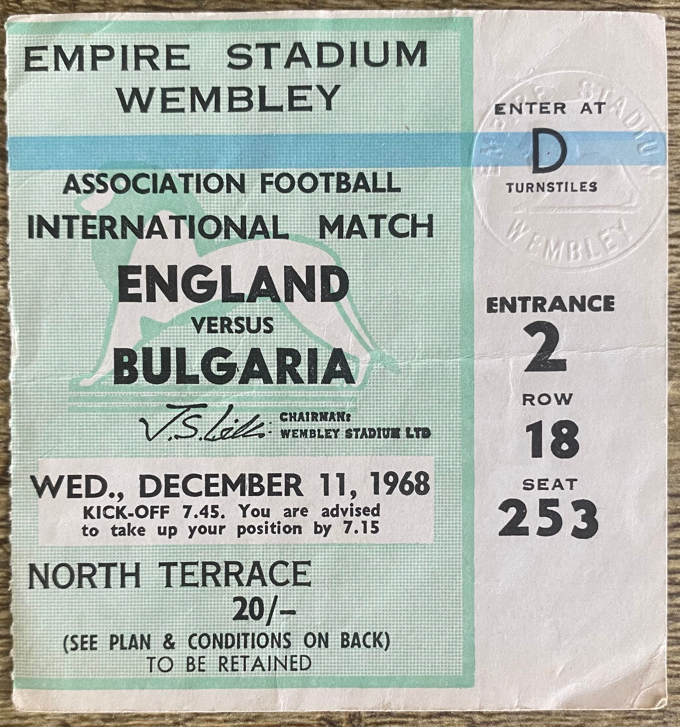 1968 ORIGINAL INTERNATIONAL TICKET ENGLAND V BULGARIA