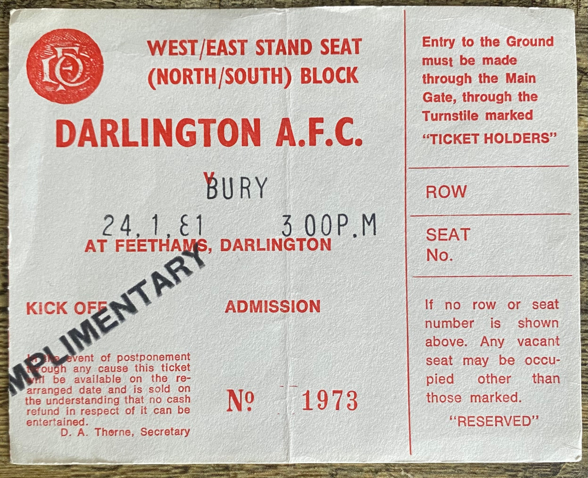 1980/81 ORIGINAL DIVISION 4 TICKET DARLINGTON V BURY