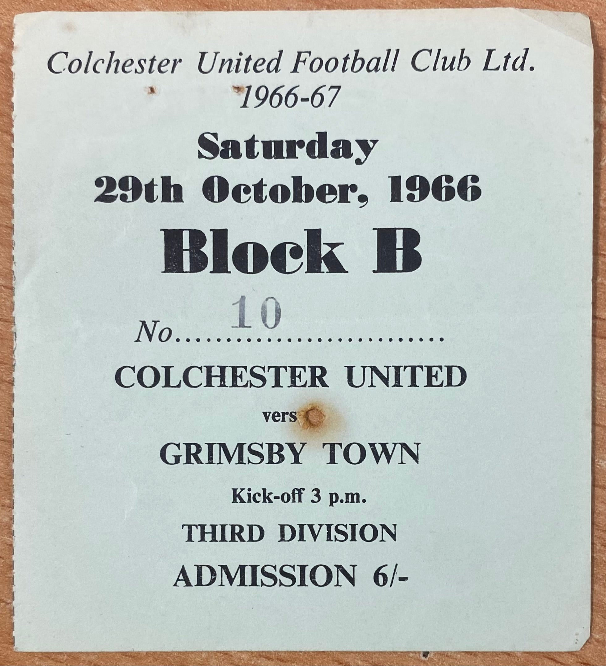 1966/67 ORIGINAL DIVISION 3 TICKET COLCHESTER UNITED V GRIMSBY TOWN