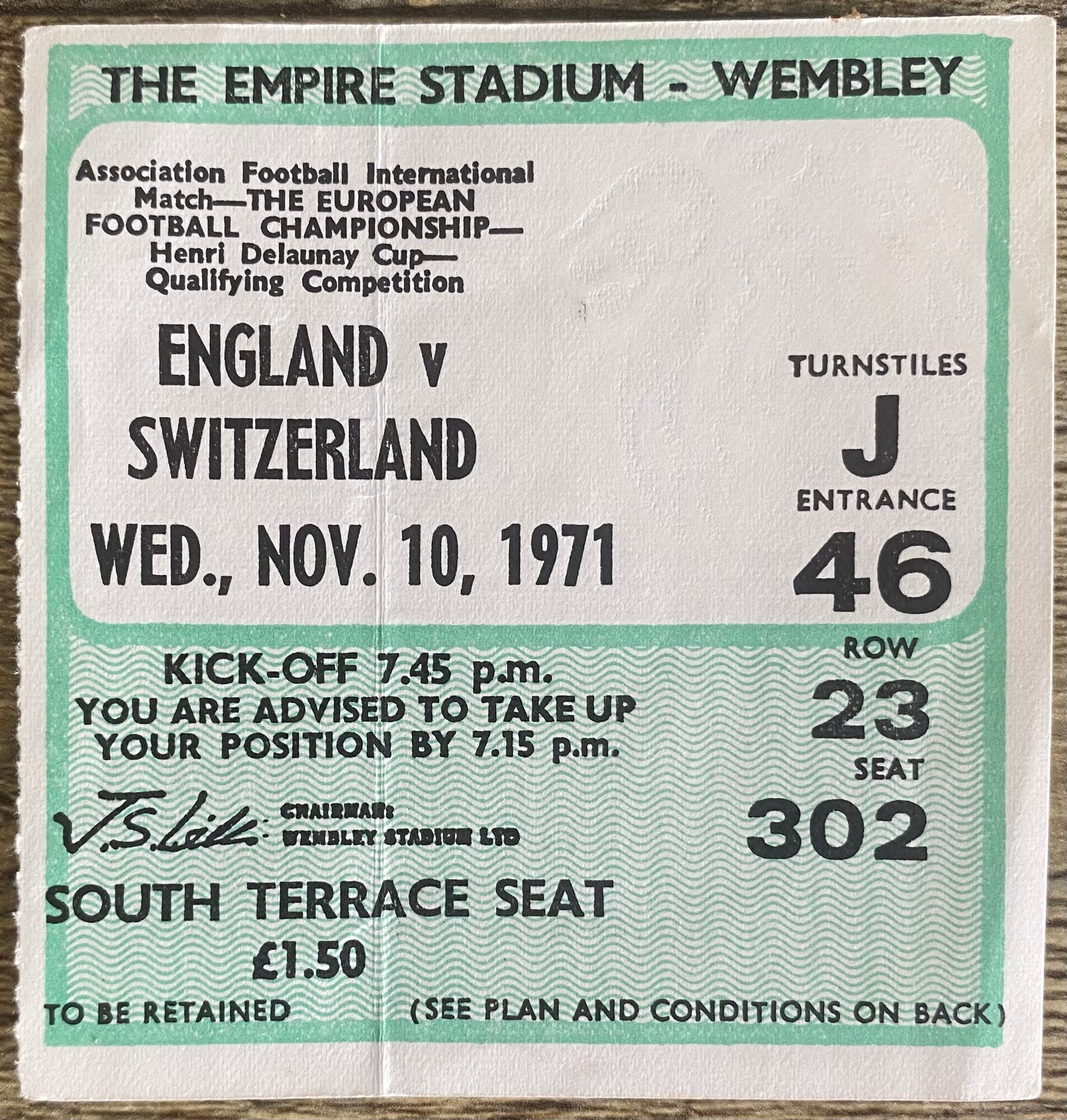 1971 ORIGINAL EUROPEAN CHAMPIONSHIPS QUALIFYING TICKET ENGLAND V SWITZERLAND