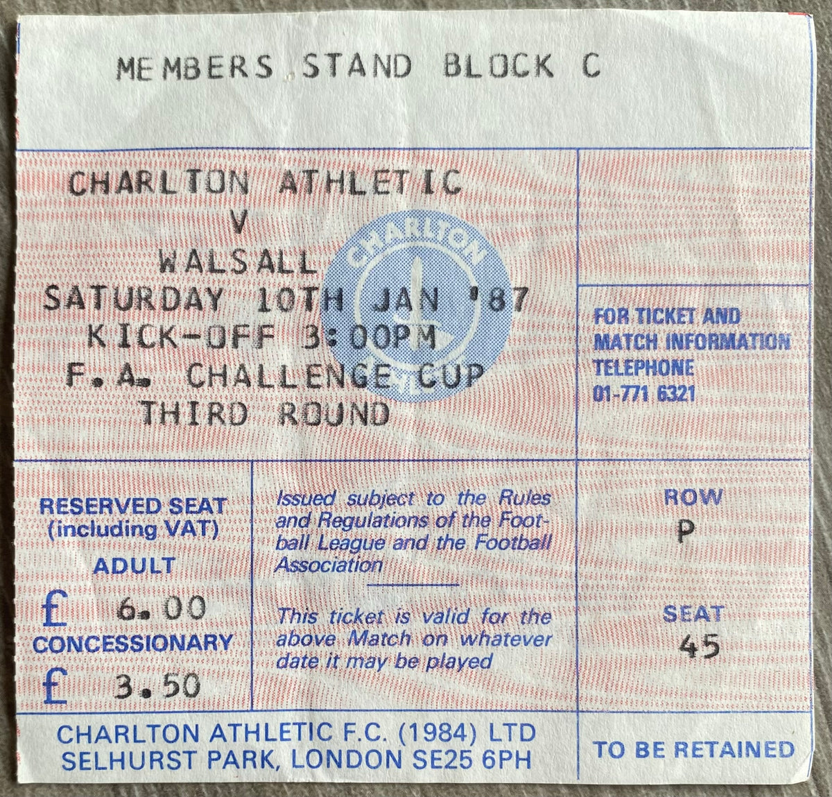 1986/87 ORIGINAL FA CUP 3RD ROUND TICKET CHARLTON ATHLETIC V WALSALL