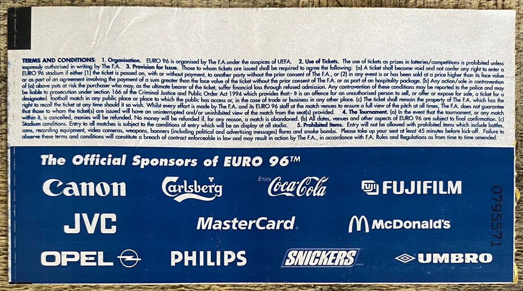 1996 ORIGINAL EUROPEAN CHAMPIONSHIPS EURO 96 SEMI FINAL TICKET ENGLAND V GERMANY @ WEMBLEY