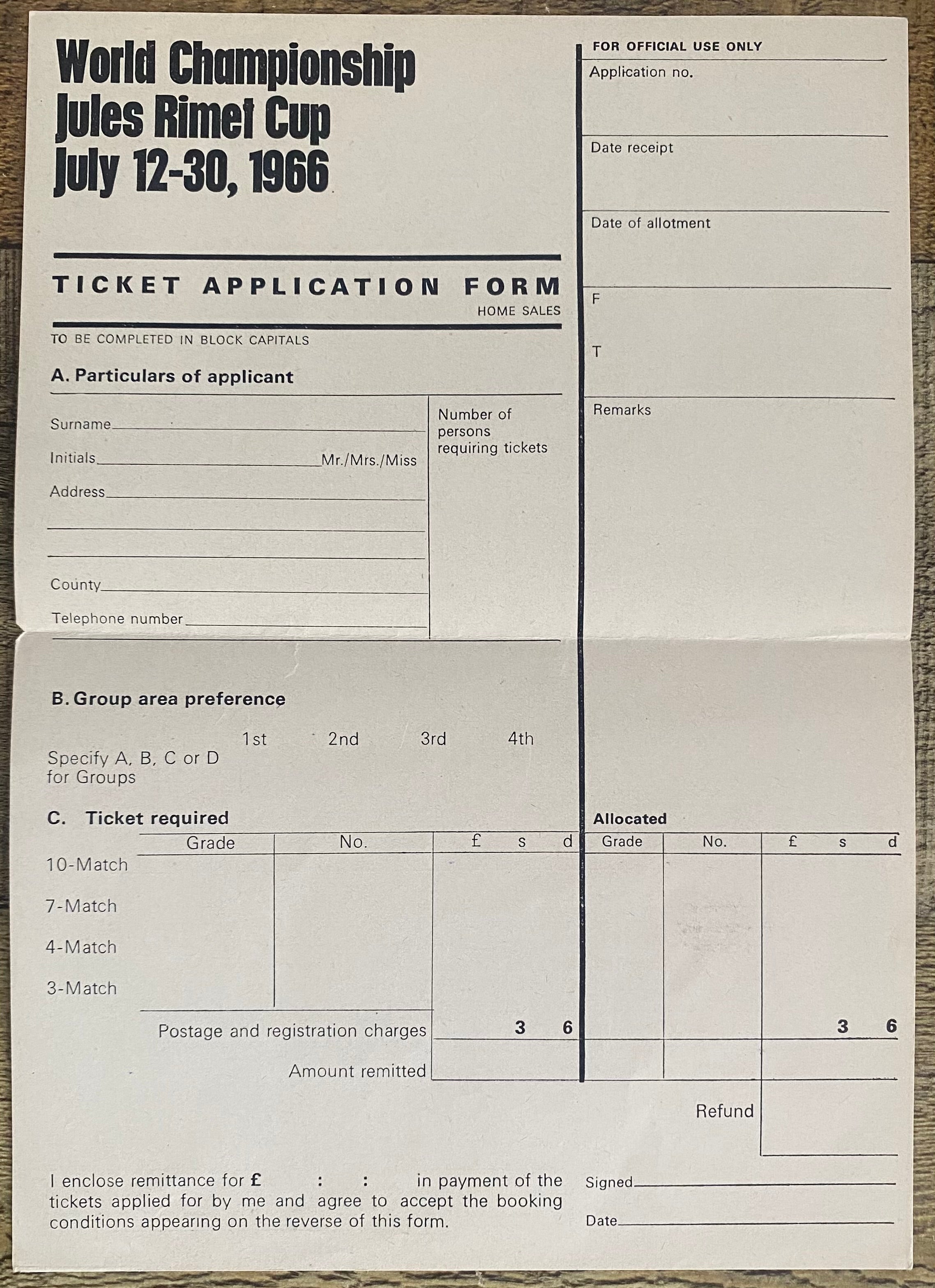 1966 WORLD CUP ORIGINAL OFFICIAL TICKET APPLICATION FORM