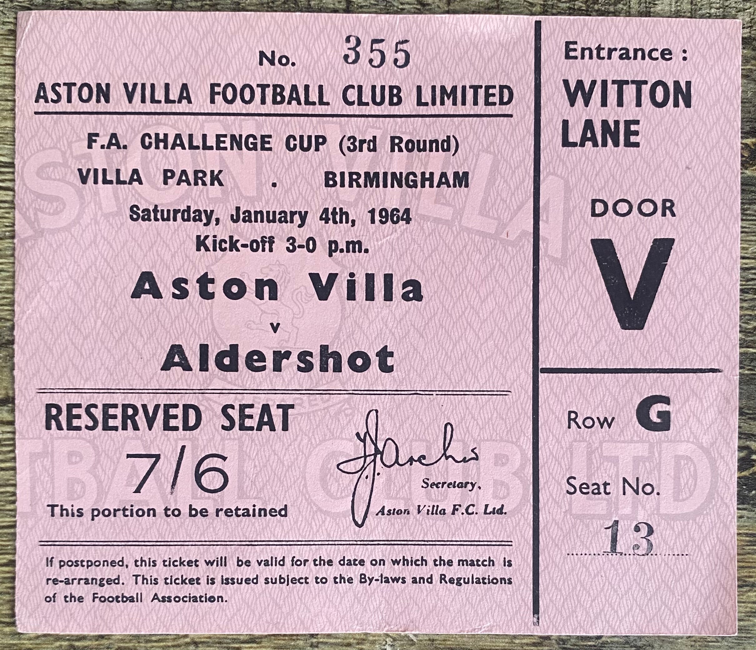 1963/64 ORIGINAL FA CUP 4TH ROUND TICKET ASTON VILLA V ALDERSHOT