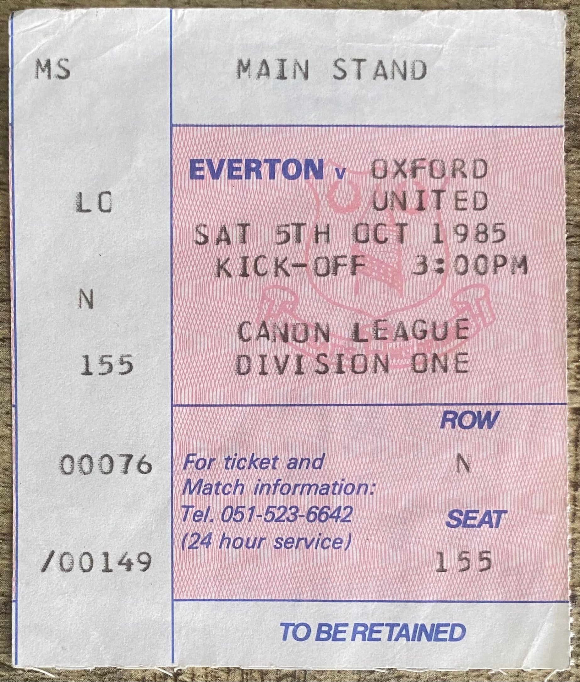 1985/86  ORIGINAL DIVISION ONE TICKET EVERTON V OXFORD UNITED