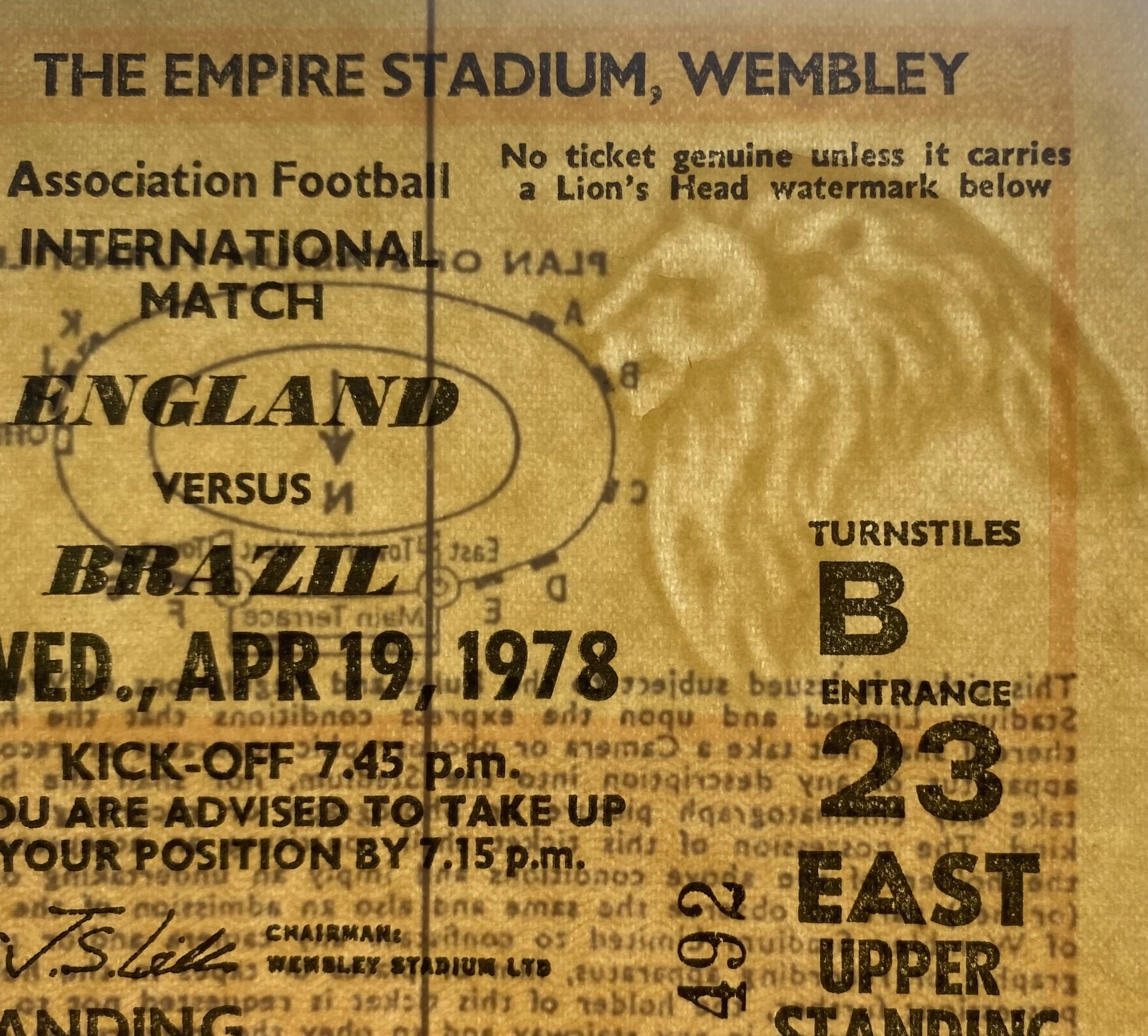 1978 ORIGINAL INTERNATIONAL TICKET ENGLAND V BRAZIL