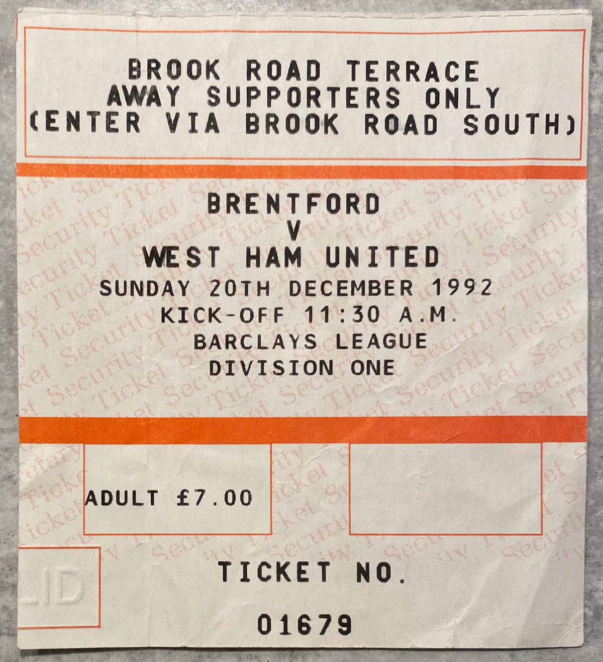 1992/93 ORIGINAL DIVISION 1 TICKET BRENTFORD V WEST HAM UNITED