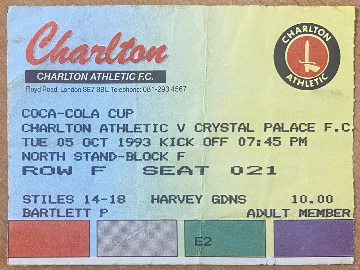 1993/94 ORIGINAL COCA COLA CUP 2ND ROUND 2ND LEG TICKET CHARLTON ATHLETIC V CRYSTAL PALACE