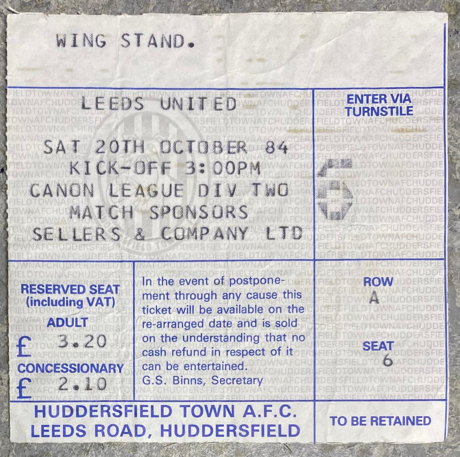 1984/85 ORIGINAL DIVISION TWO TICKET HUDDERSFIELD TOWN V LEEDS UNITED