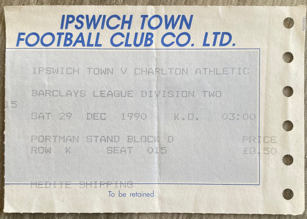 1990/91 ORIGINAL DIVISION 2 TICKET IPSWICH TOWN v CHARLTON ATHLETIC