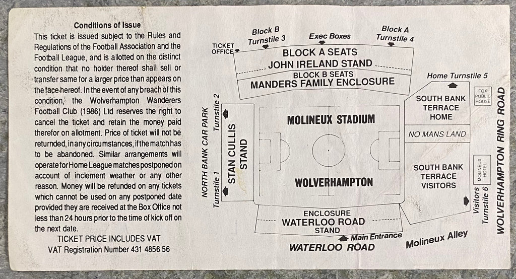 1992/93 ORIGINAL DIVISION 1 TICKET WOLVERHAMPTON WANDERERS V TRANMERE ROVERS