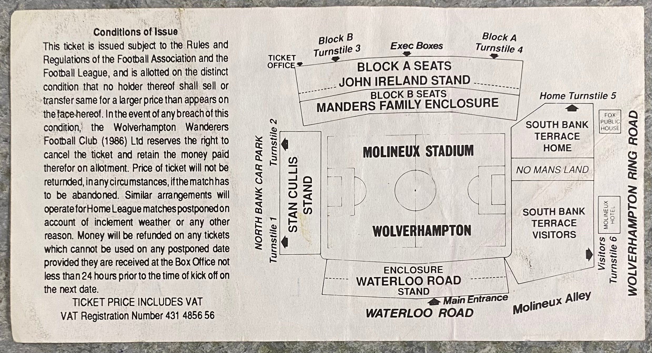 1992/93 ORIGINAL DIVISION 1 TICKET WOLVERHAMPTON WANDERERS V TRANMERE ROVERS