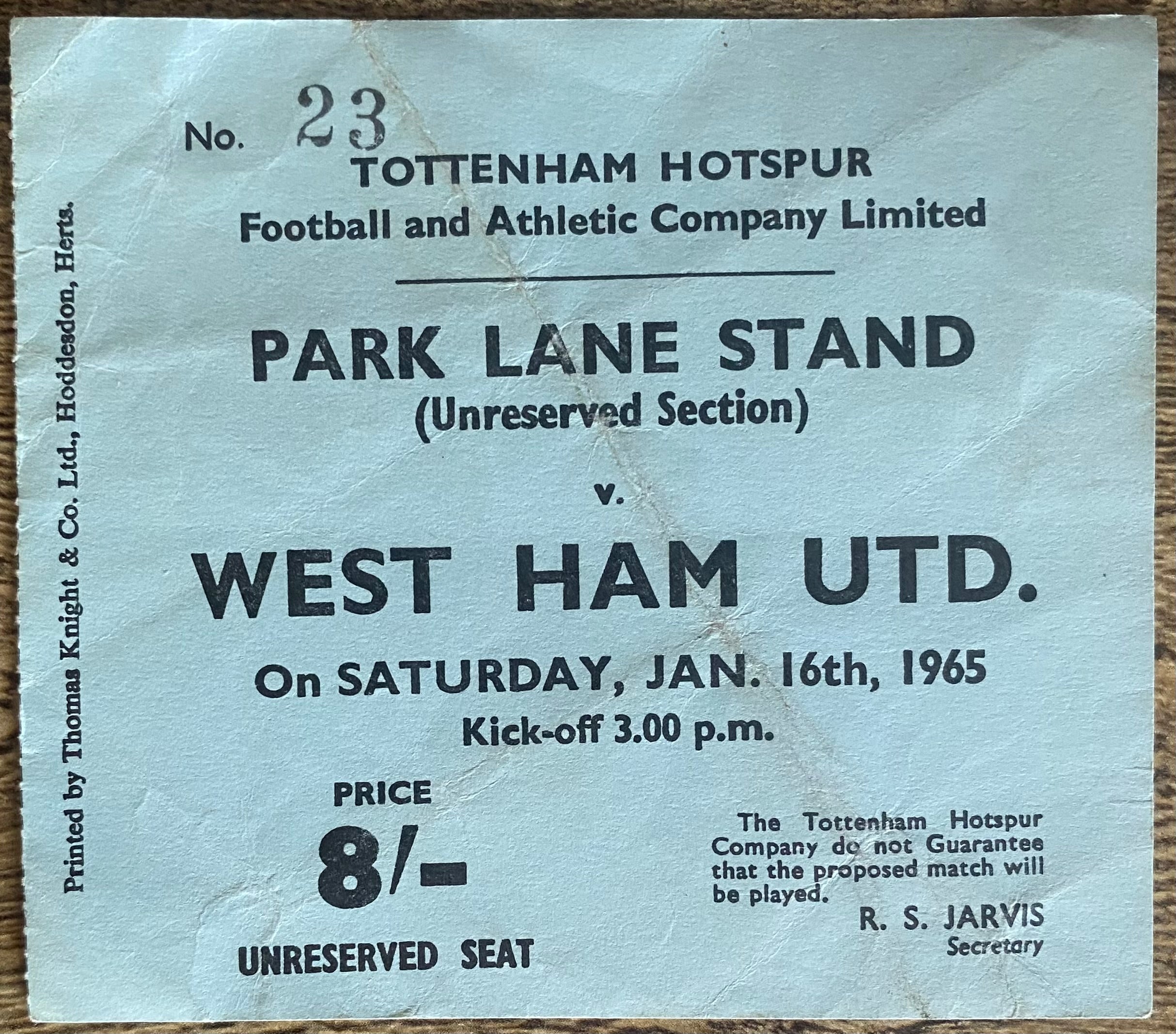 1964/65 ORIGINAL DIVISION ONE TICKET TOTTENHAM HOTSPUR V WEST HAM UNITED