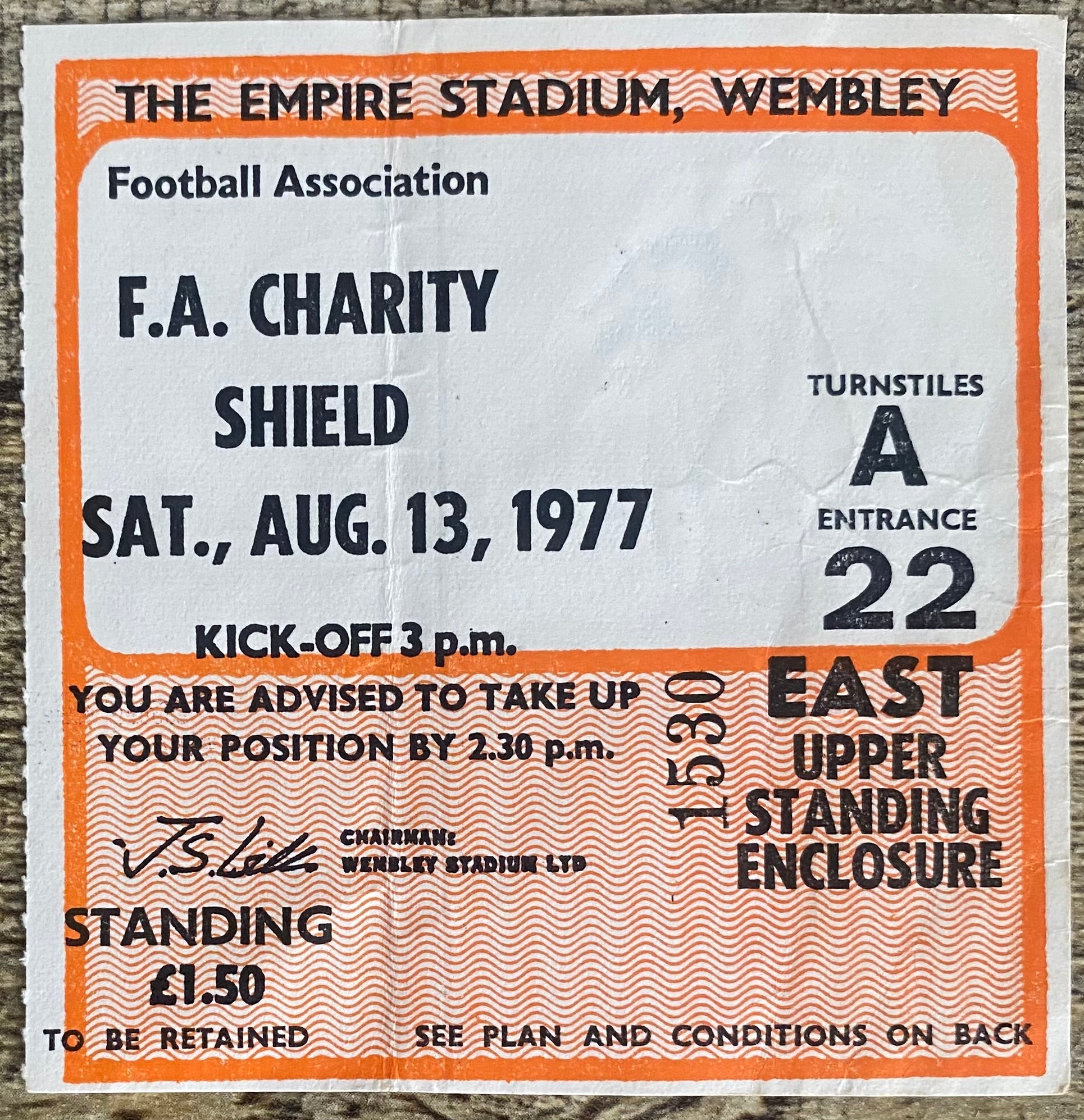 1977 ORIGINAL CHARITY SHIELD TICKET LIVERPOOL V MANCHESTER UNITED
