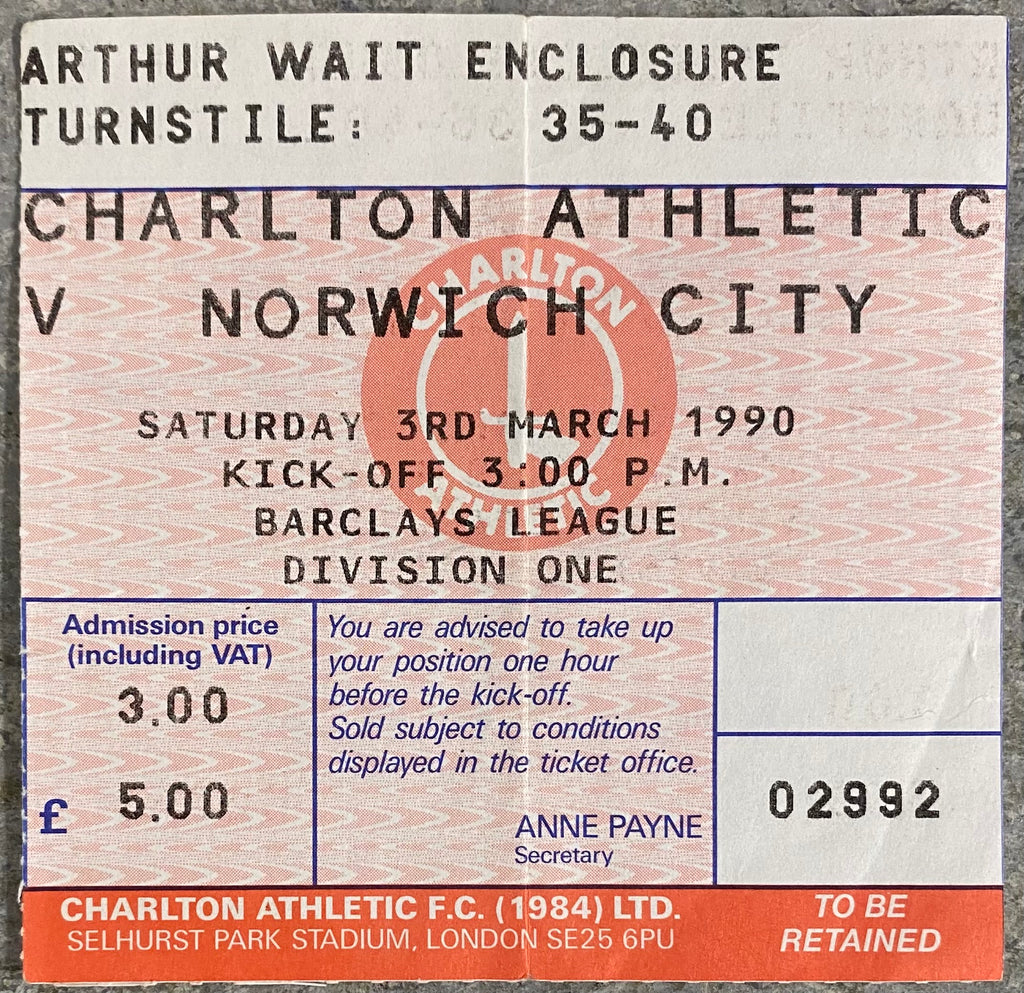 1989/90 ORIGINAL DIVISION ONE TICKET CHARLTON ATHLETIC V NORWICH CITY