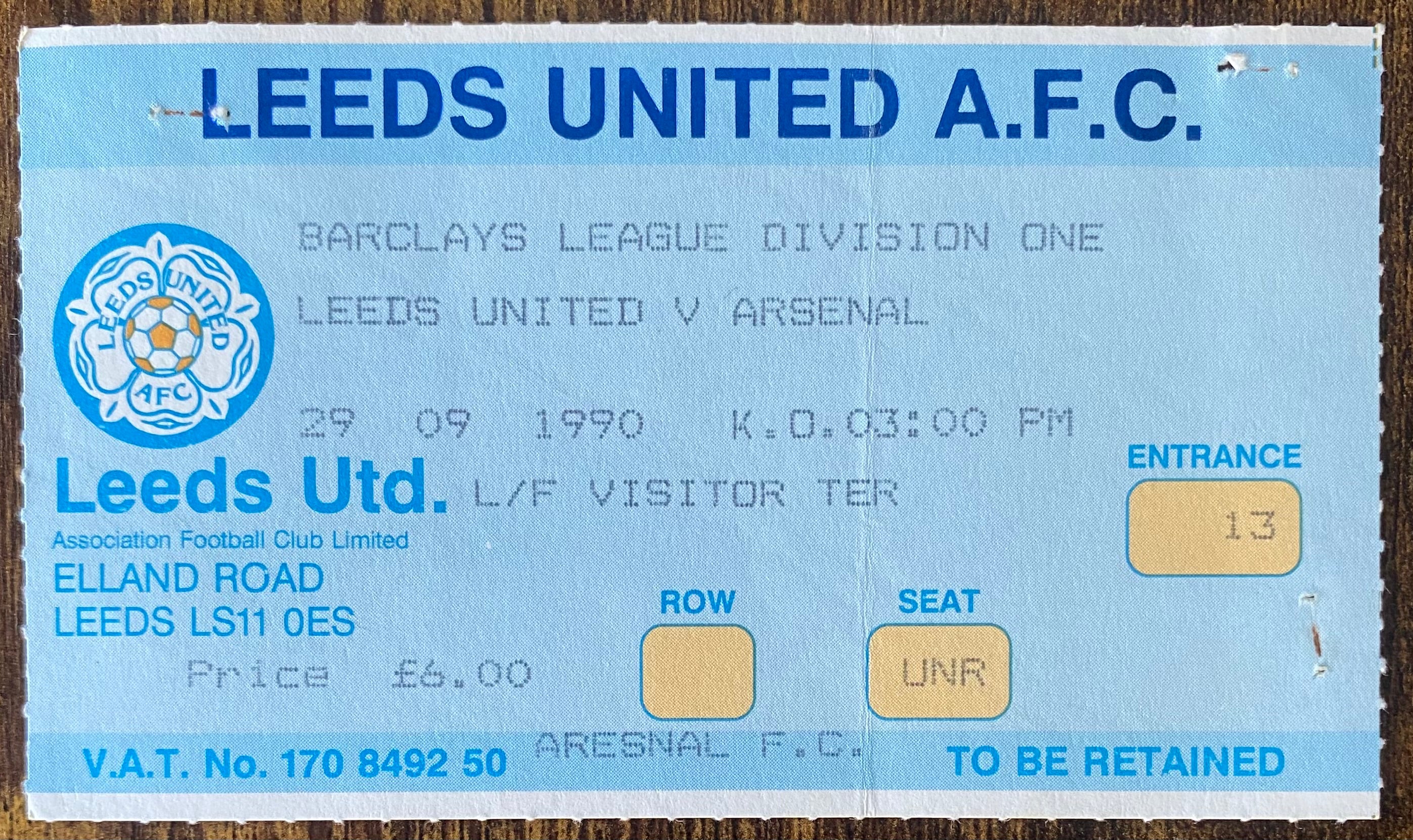1990/91 ORIGINAL DIVISION ONE TICKET LEEDS UNITED V ARSENAL