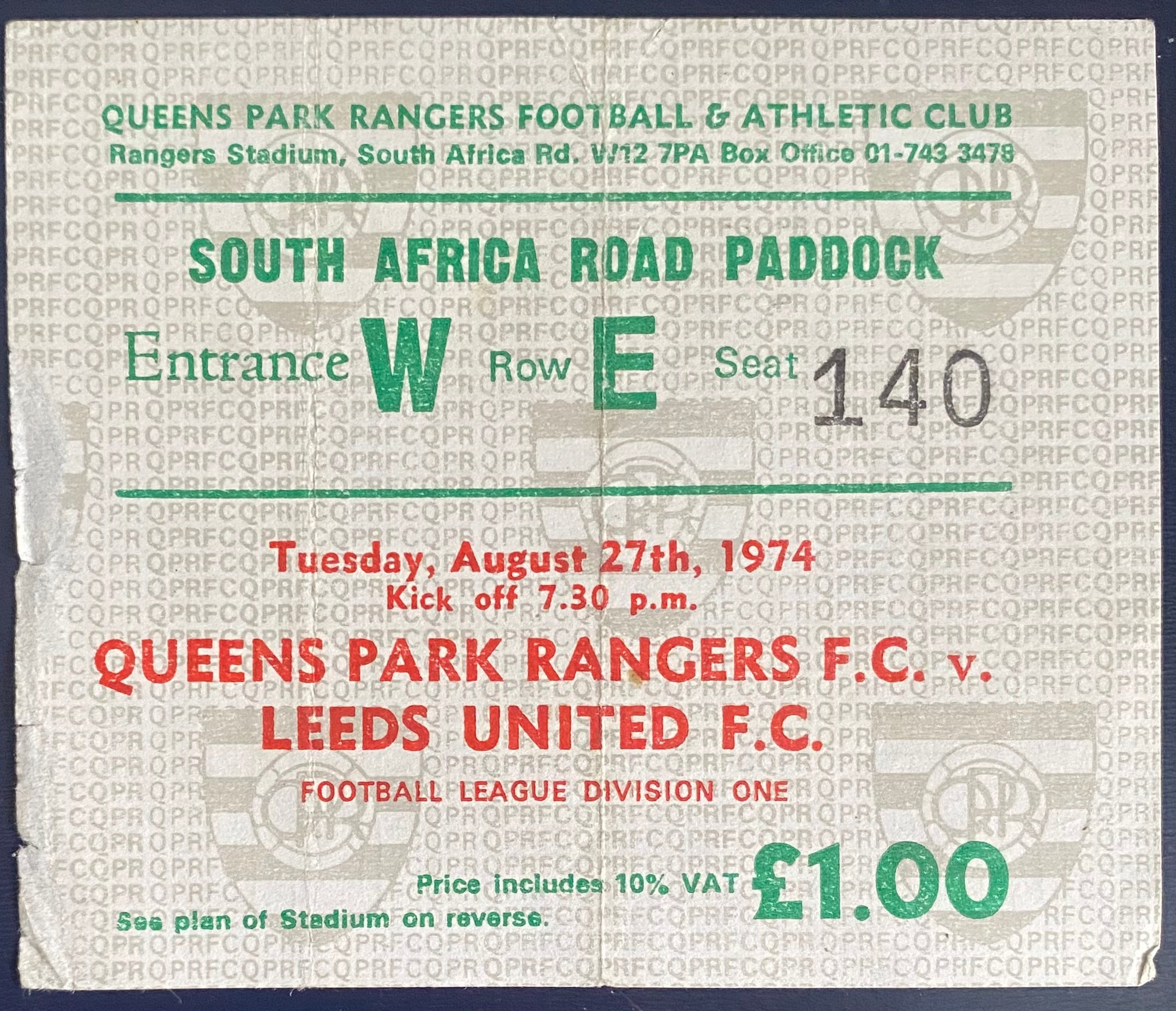 1974/75 ORIGINAL DIVISION 1 TICKET QUEENS PARK RANGERS V LEEDS UNITED