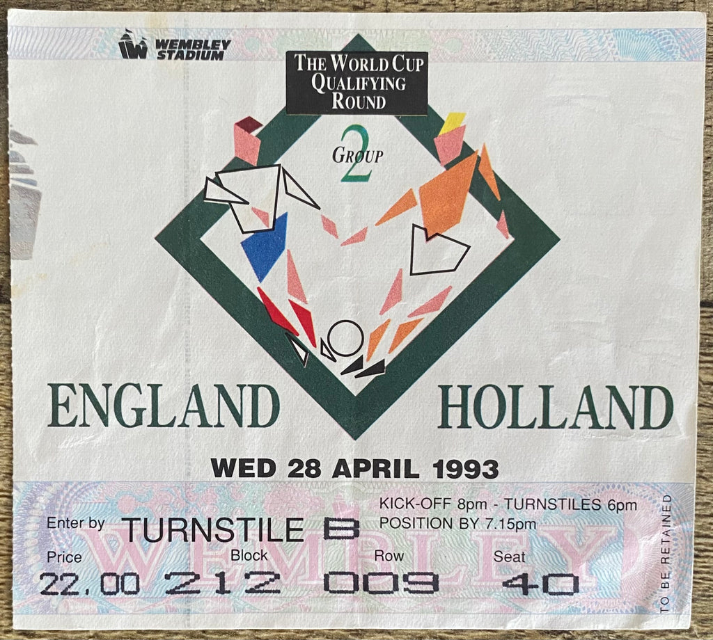 1993 ORIGINAL WORLD CUP QUALIFYING TICKET ENGLAND V NETHERLANDS