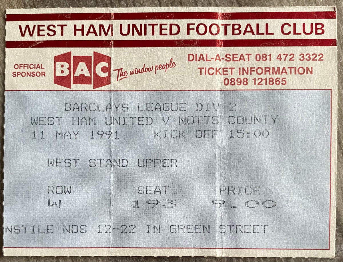 1990/91 ORIGINAL DIVISION 2 TICKET WEST HAM UNITED V NOTTS COUNTY