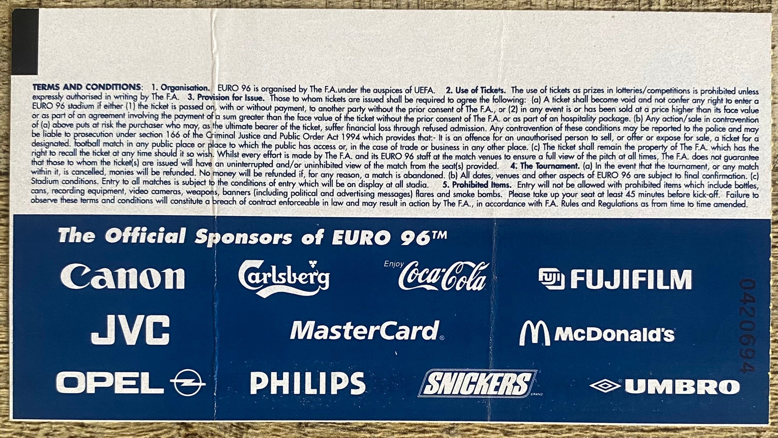 1996 ORIGINAL EUROPEAN CHAMPIONSHIPS EURO 96 QUARTER FINAL TICKET ENGLAND V SPAIN @ WEMBLEY