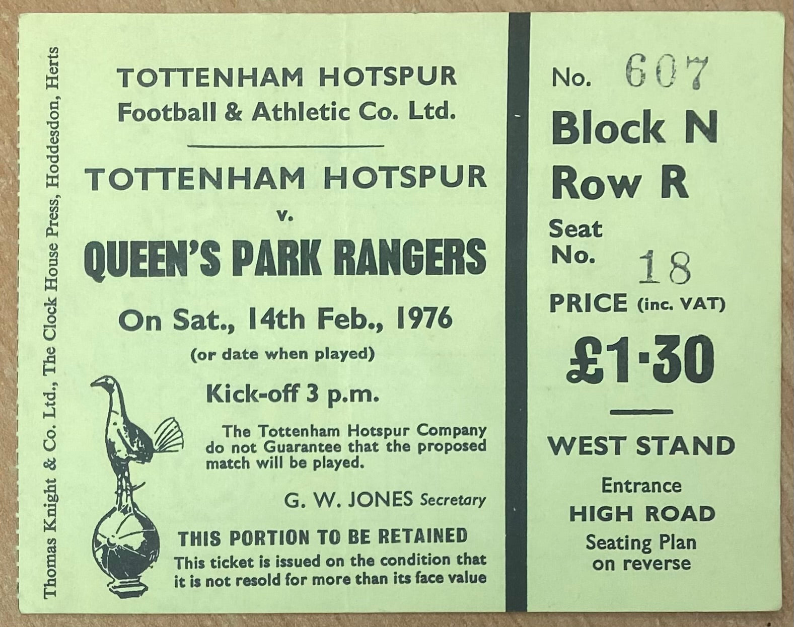 1975/76 ORIGINAL DIVISION ONE TICKET TOTTENHAM HOTSPUR V QUEENS PARK RANGERS