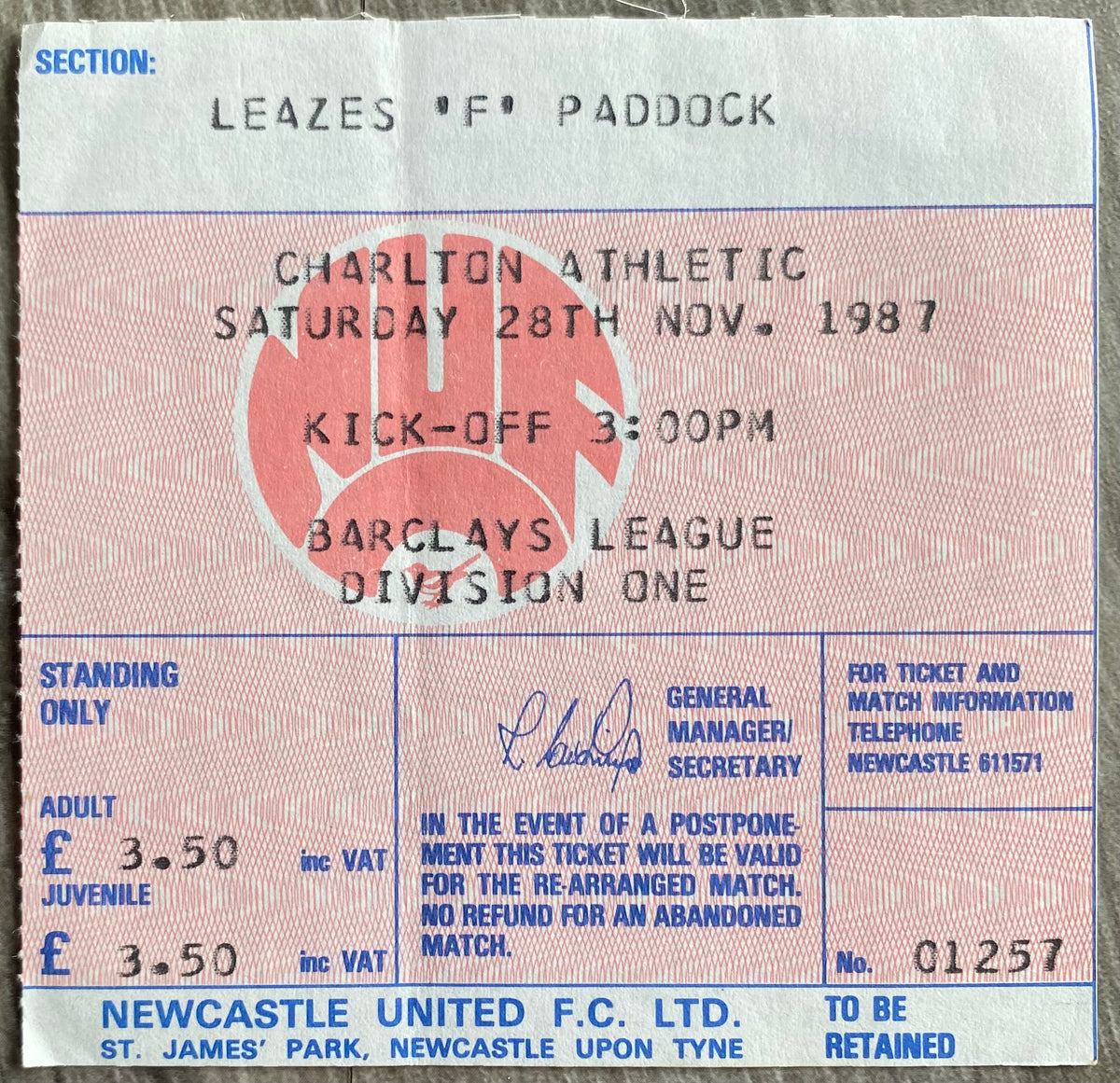1987/88 ORIGINAL DIVISION 1 TICKET NEWCASTLE UNITED V CHARLTON ATHLETIC
