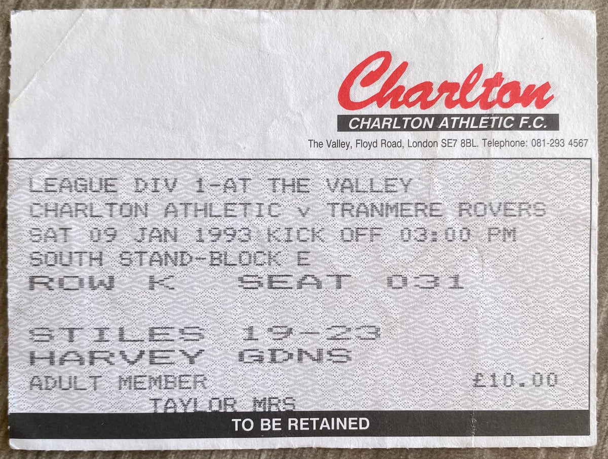 1992/93 ORIGINAL DIVISION 1 TICKET CHARLTON ATHLETIC V TRANMERE ROVERS