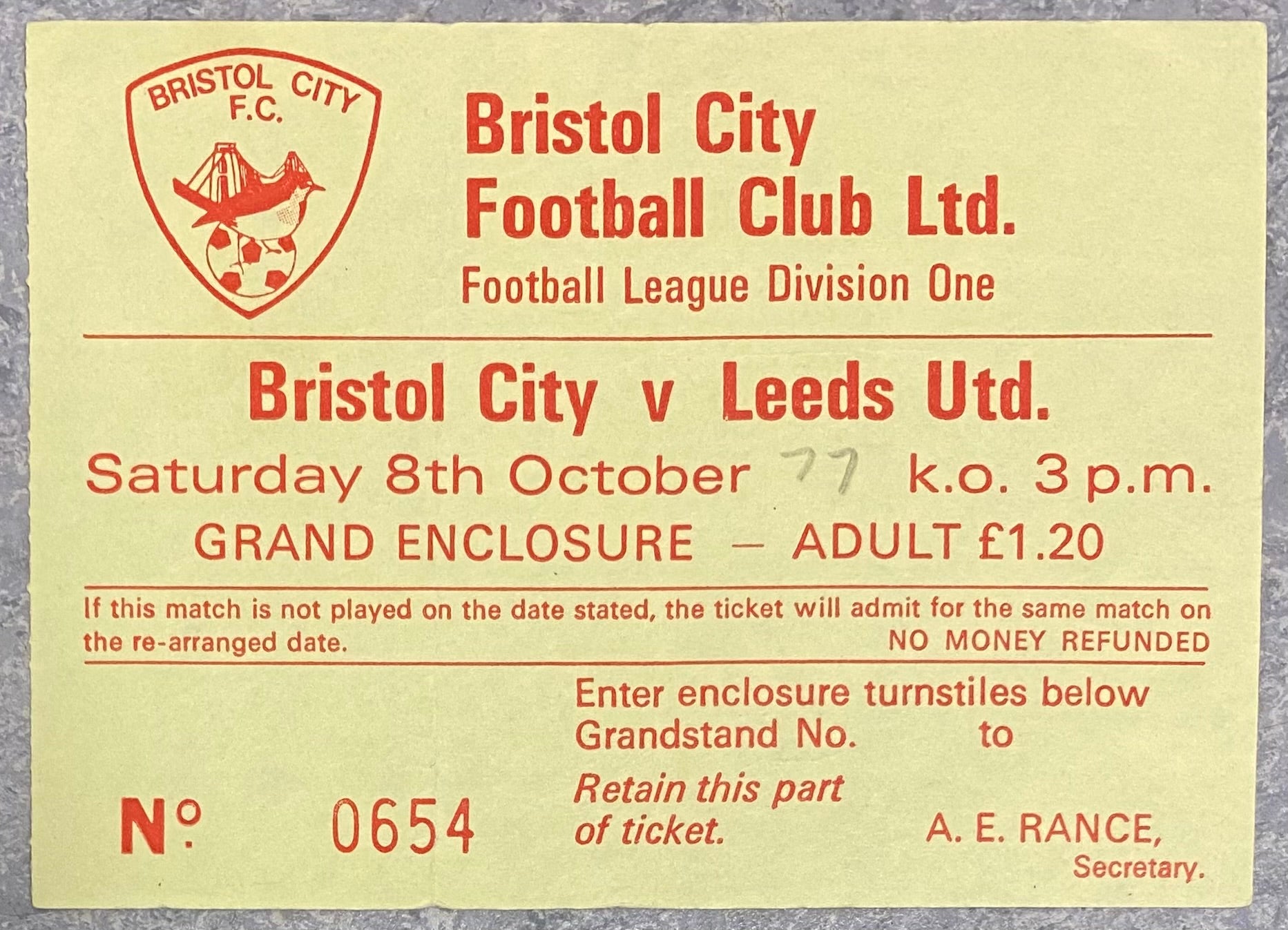 1977/78 ORIGINAL DIVISION ONE TICKET BRISTOL CITY V LEEDS UNITED