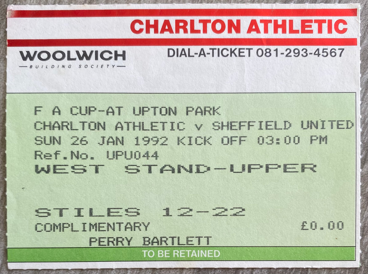 1991/92 ORIGINAL FA CUP 4TH ROUND  TICKET CHARLTON ATHLETIC V SHEFFIELD UNITED