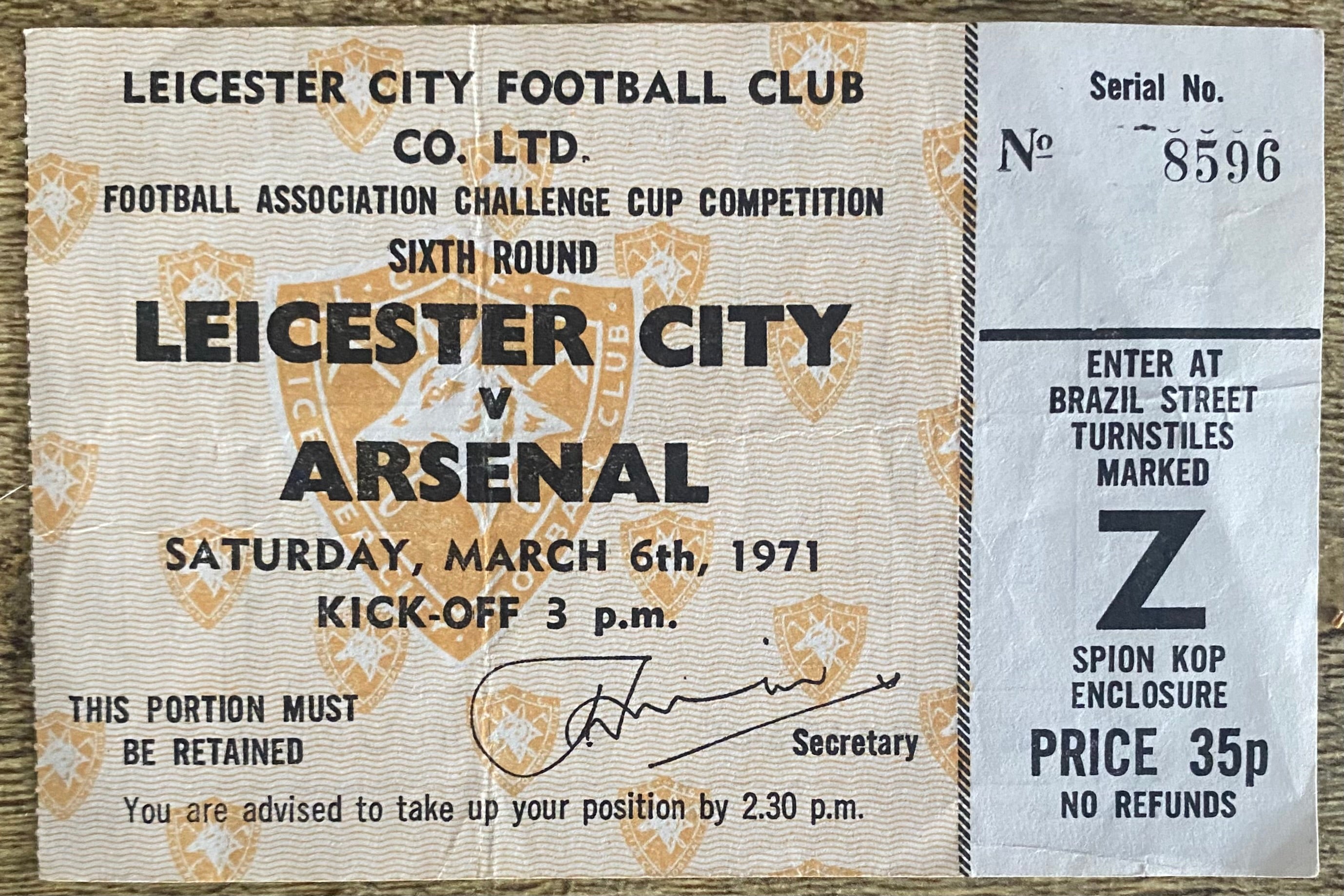 1970/71 ORIGINAL FA CUP 6TH ROUND TICKET LEICESTER CITY V ARSENAL