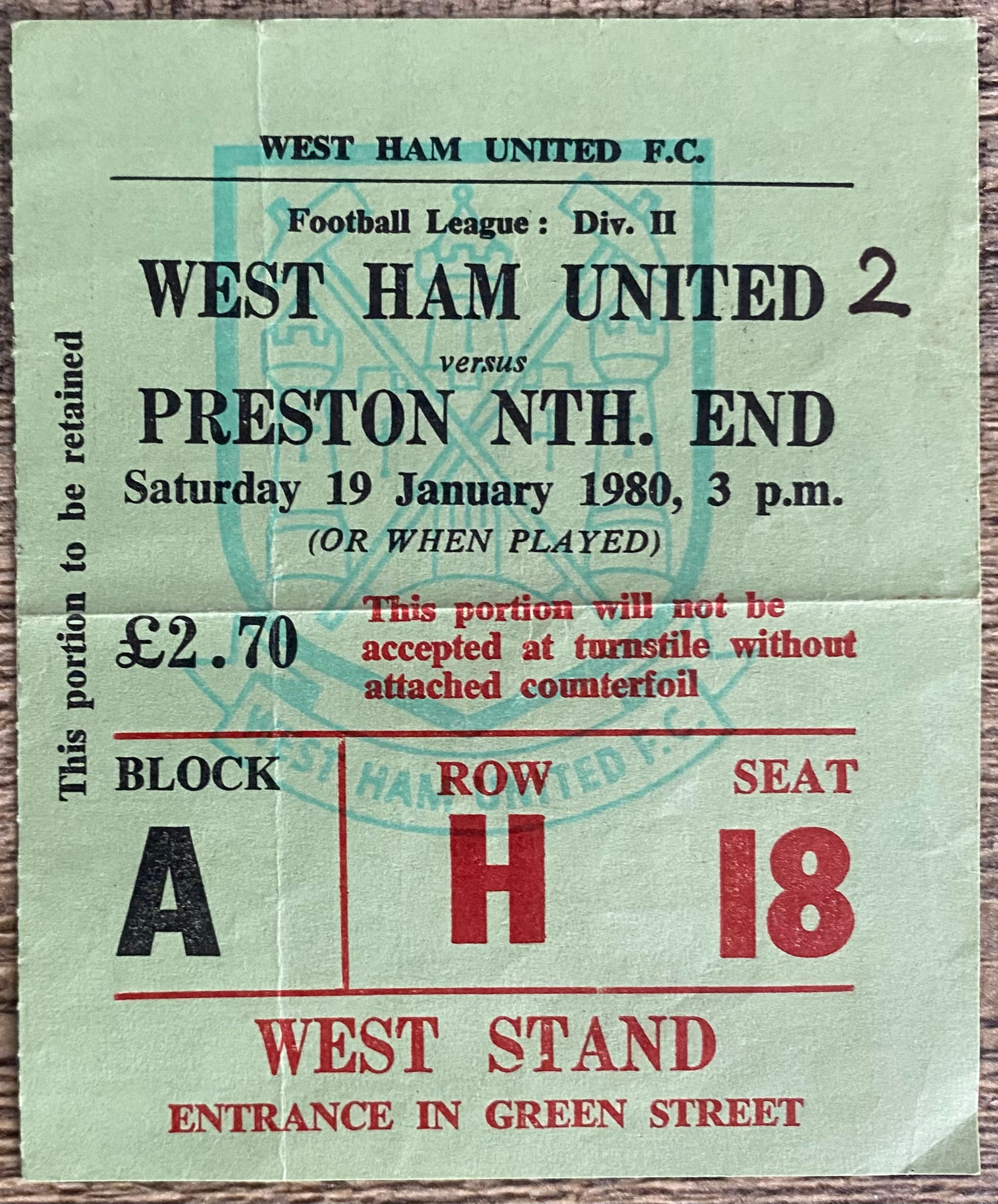 1979/80 ORIGINAL DIVISION 2 TICKET WEST HAM UNITED V PRESTON NORTH END