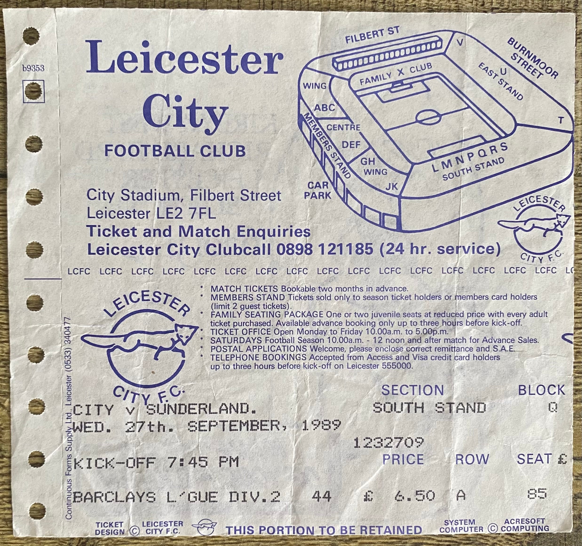 1989/90 ORIGINAL DIVISION 2 TICKET LEICESTER CITY V SUNDERLAND