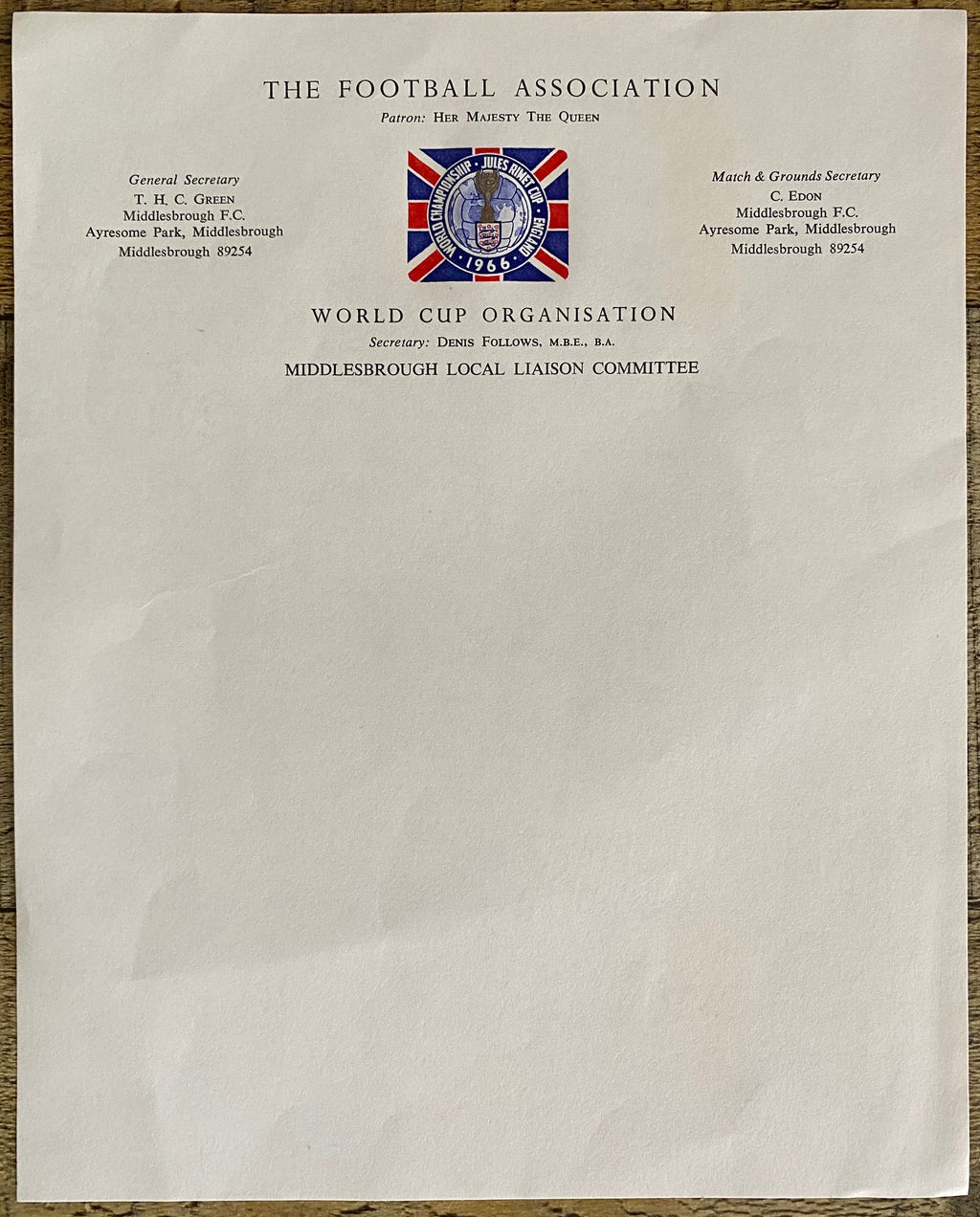 1966 WORLD CUP ORGANISATION ORIGINAL OFFICIAL UNUSED LETTER AYRESOME PARK