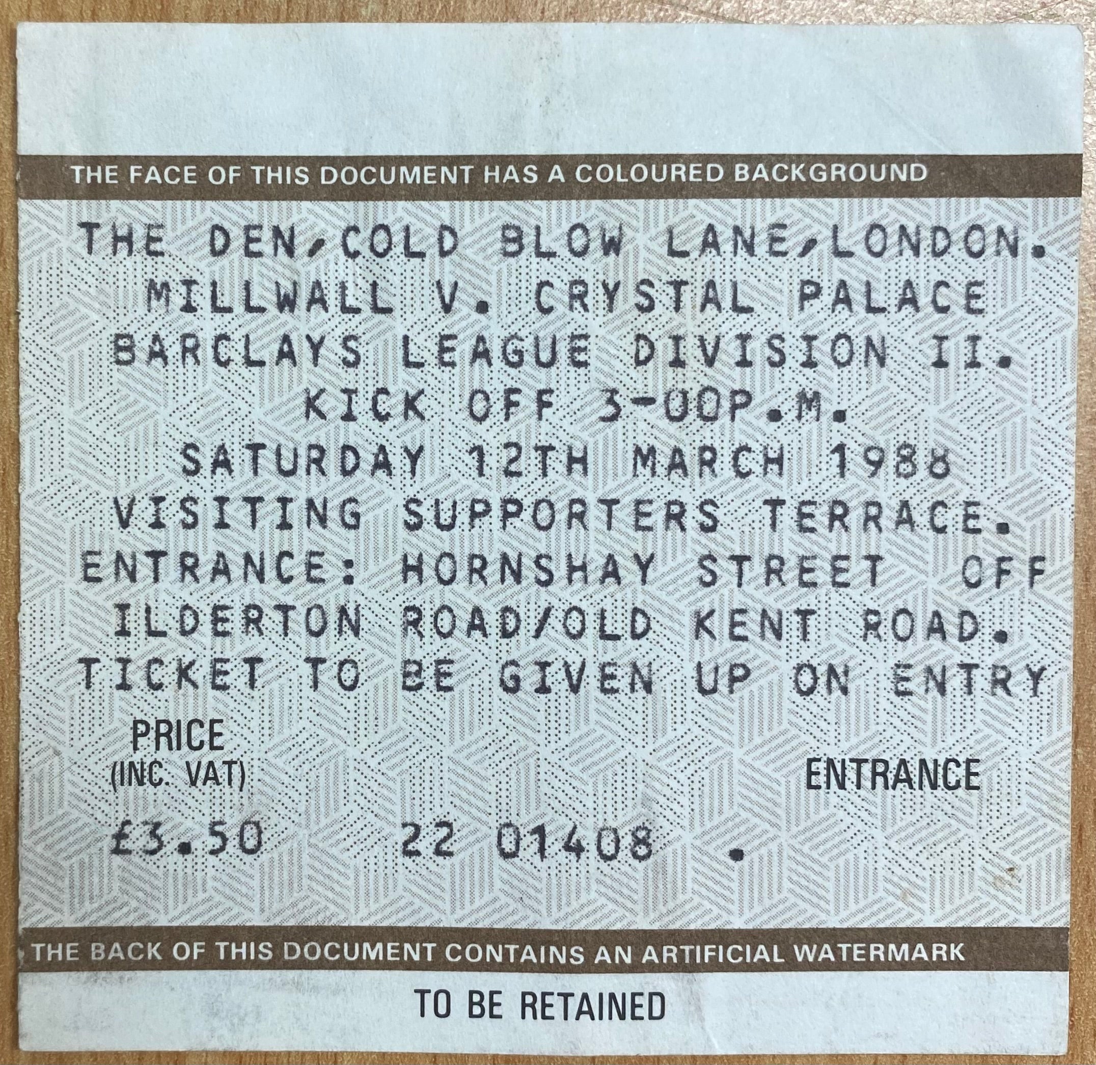 1987/88 ORIGINAL DIVISION 2 TICKET MILLWALL V CRYSTAL PALACE