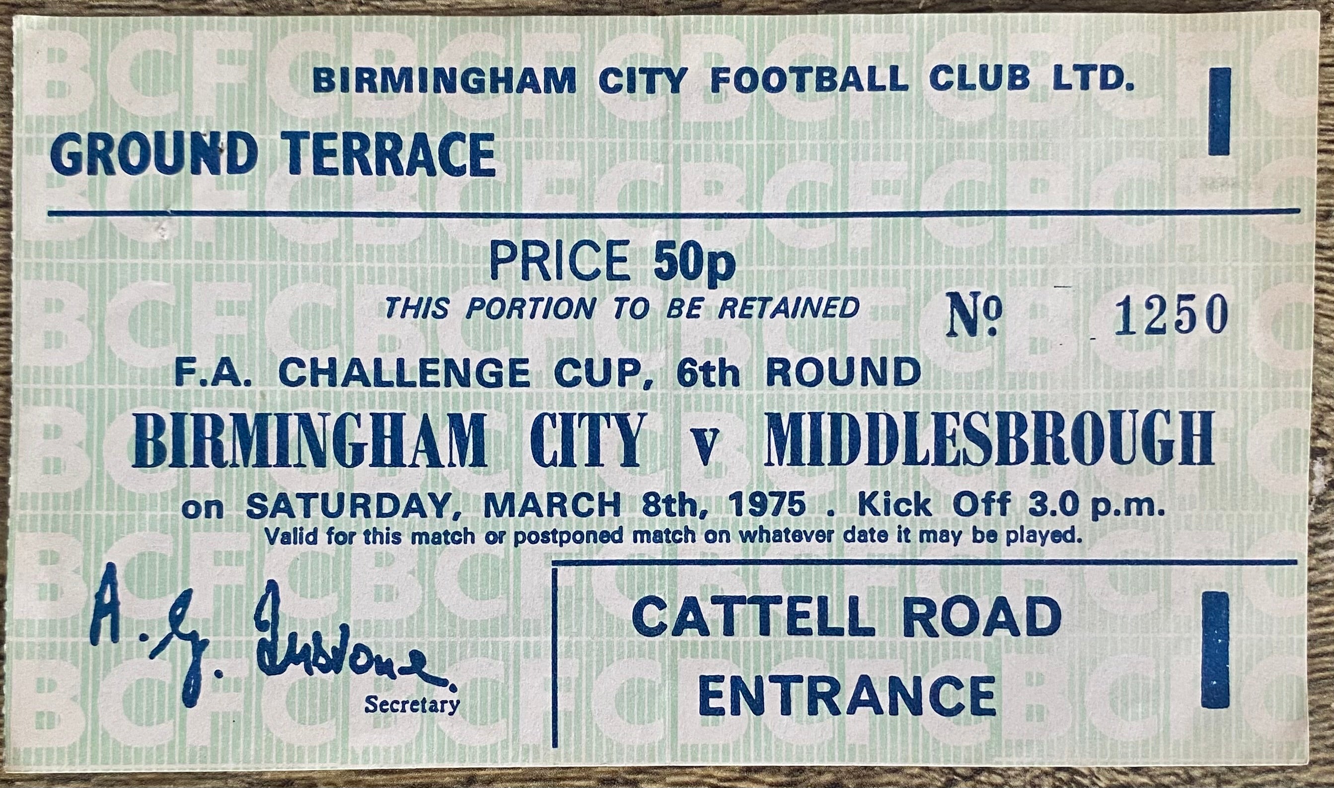 1974/75 ORIGINAL FA CUP 6TH ROUND TICKET BIRMINGHAM CITY V MIDDLESBROUGH