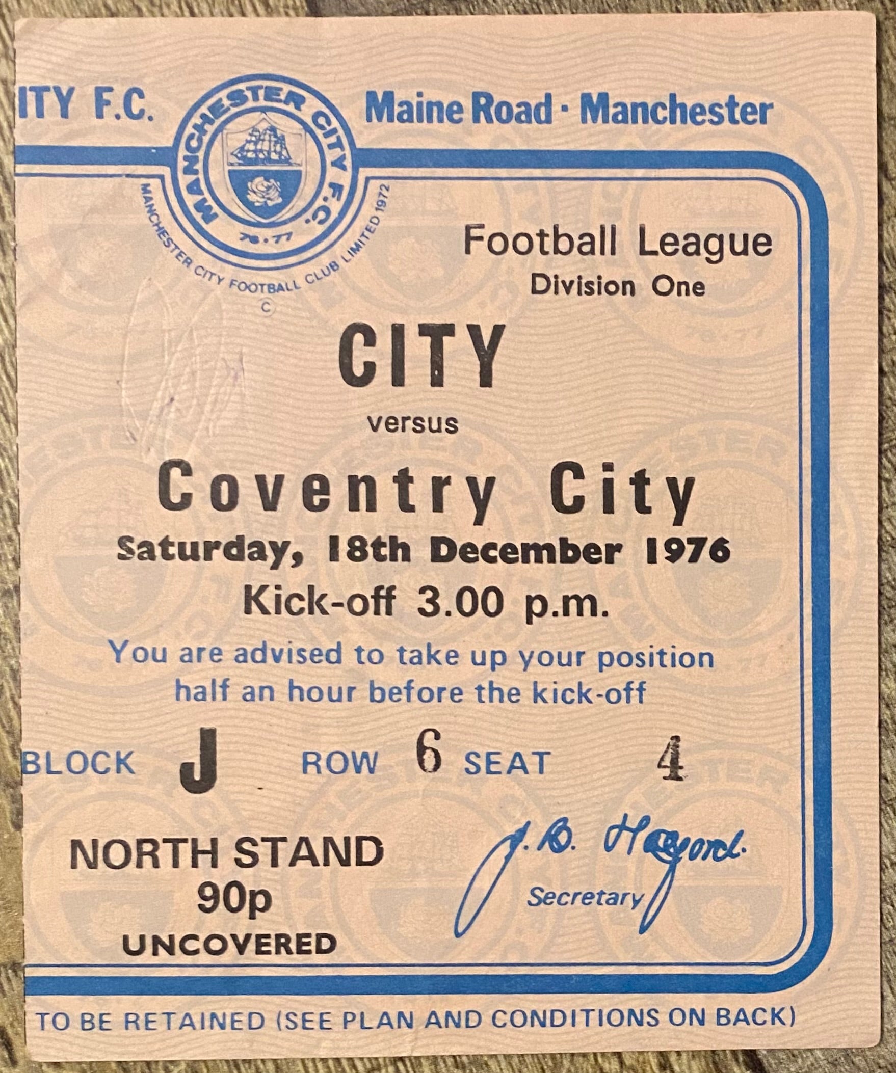 1976/77 ORIGINAL DIVISION 1 TICKET MANCHESTER CITY V COVENTRY CITY