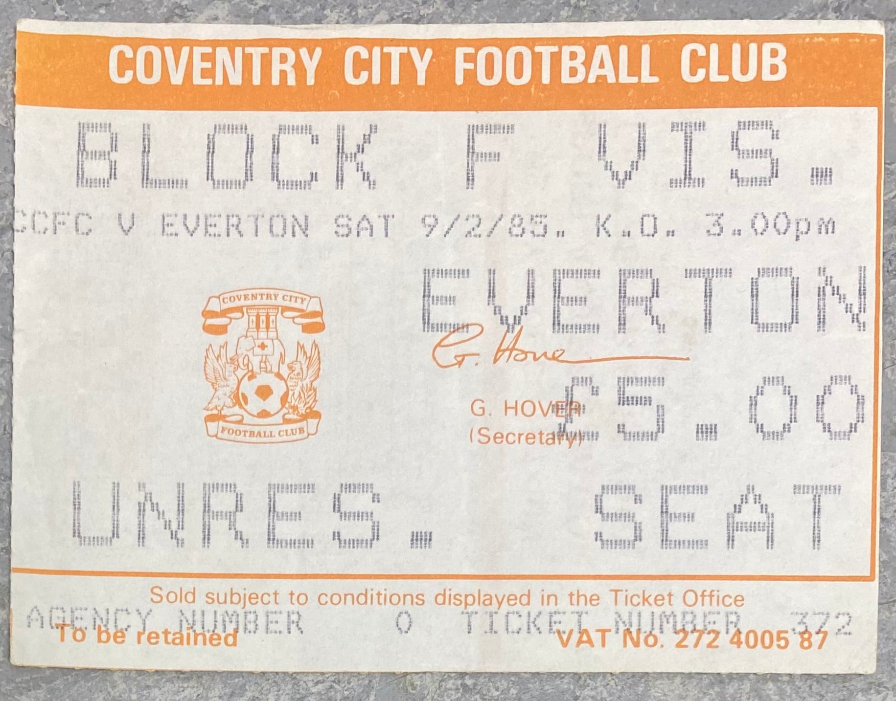1984/85 ORIGINAL DIVISION ONE TICKET COVENTRY CITY V EVERTON